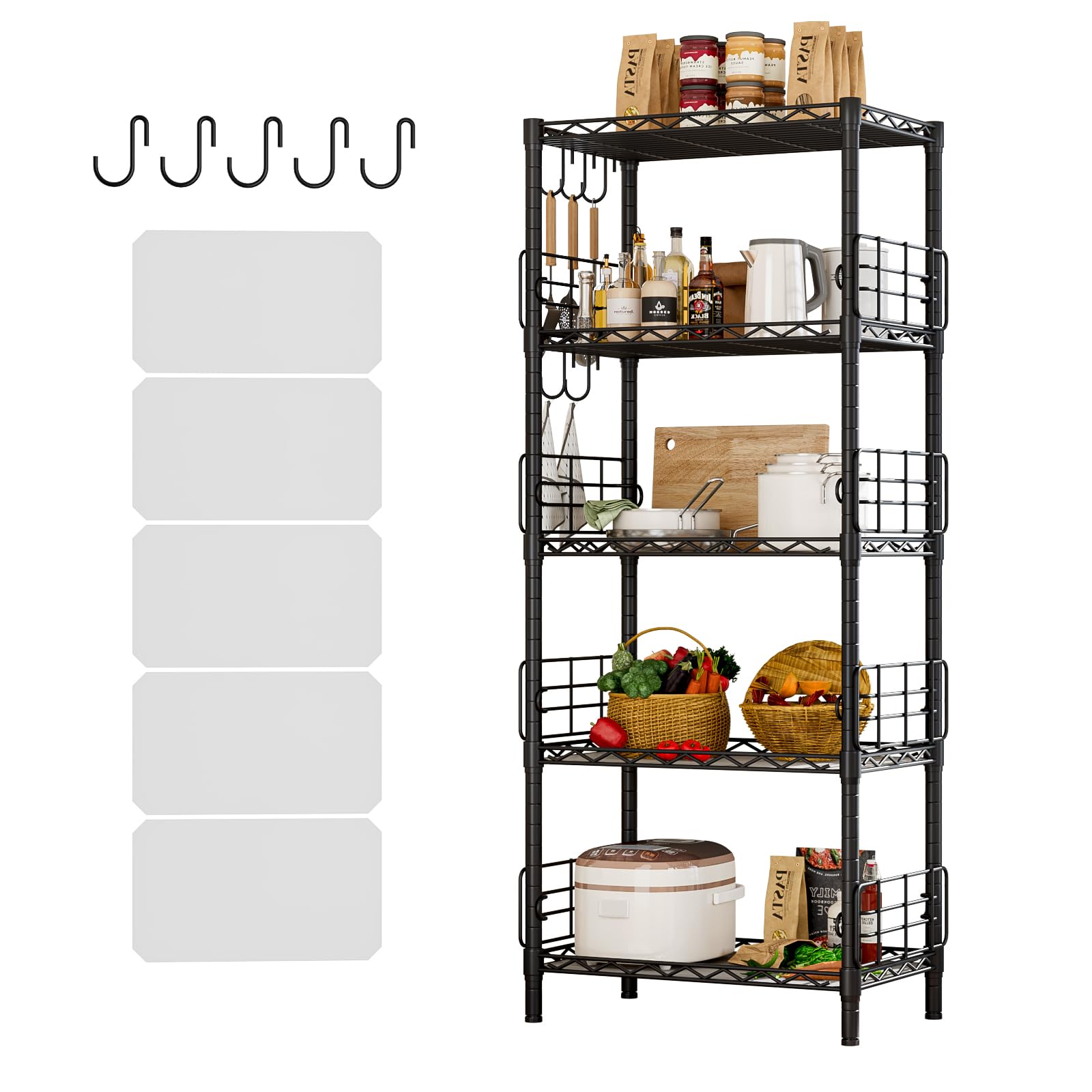 5-Tier Storage Shelves Metal Wire Shelving Unit Storage Rack Height Adjustable Pantry Shelves with 5 Hooks & Shelf Liners for Living Room, Kitchen, Bathroom 21.2 W x 11.4" D x 59" H (Black)