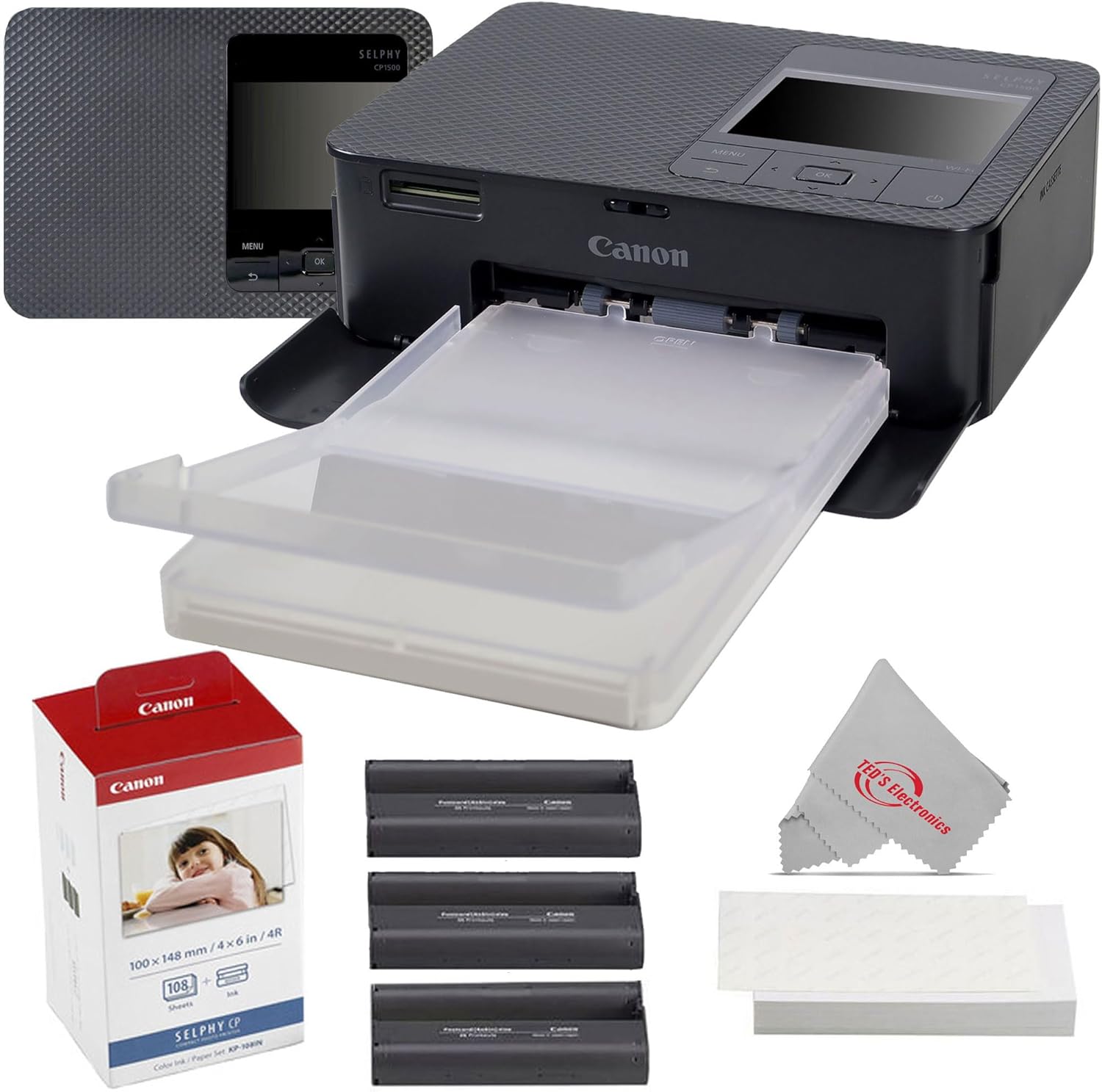 Canon SELPHY CP1500 Compact Photo Printer, Black, with KP-108IN Color Ink and 4x6 Photo Paper Set