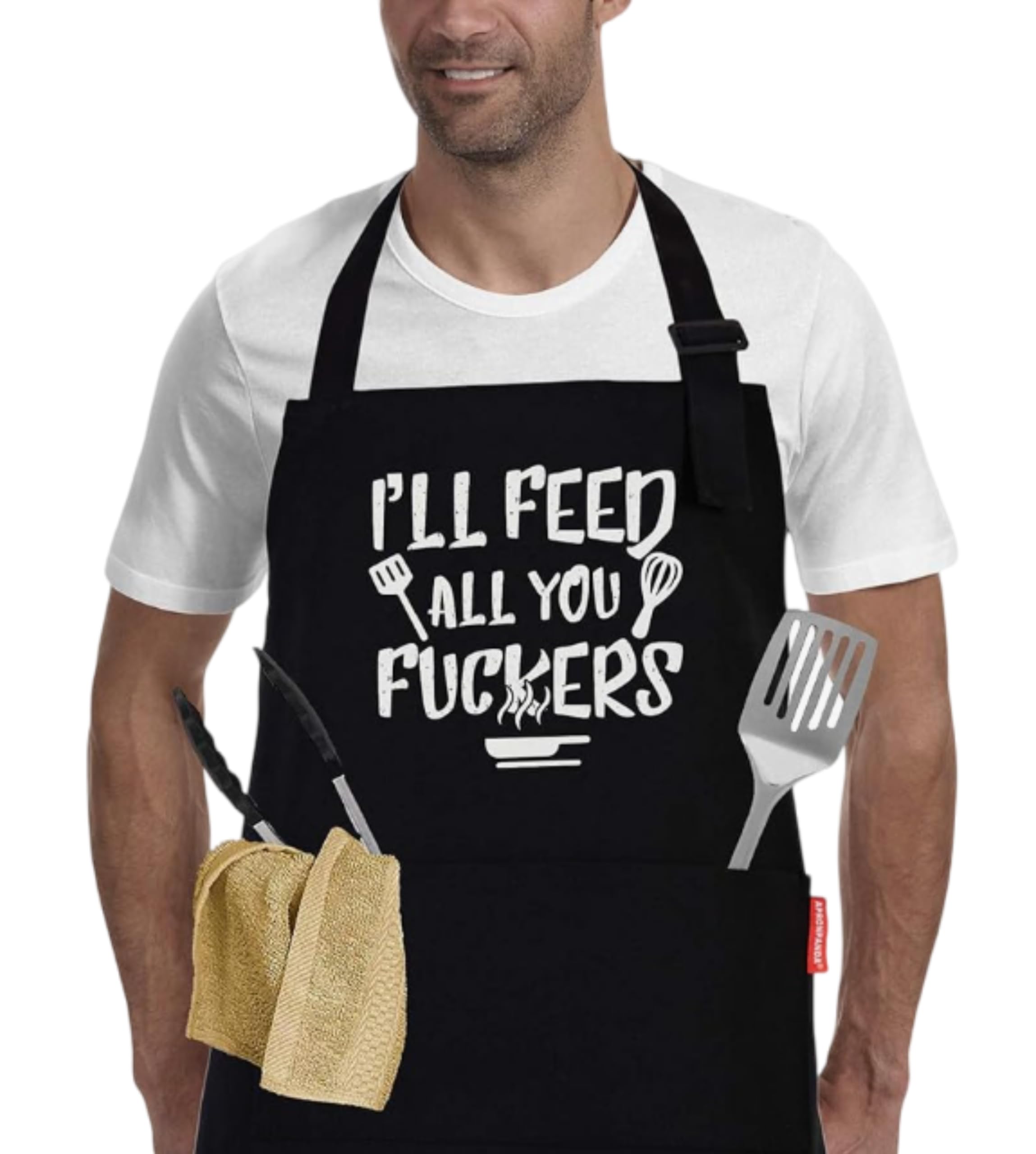 Fjquamitix King of The Grill Apron, Adjustable Bbq Apron for Men with 3 Pockets, Christmas Funny Gift for Him, Dad, Son and Husband (I'LL FEED ALL YOU F**KERS)