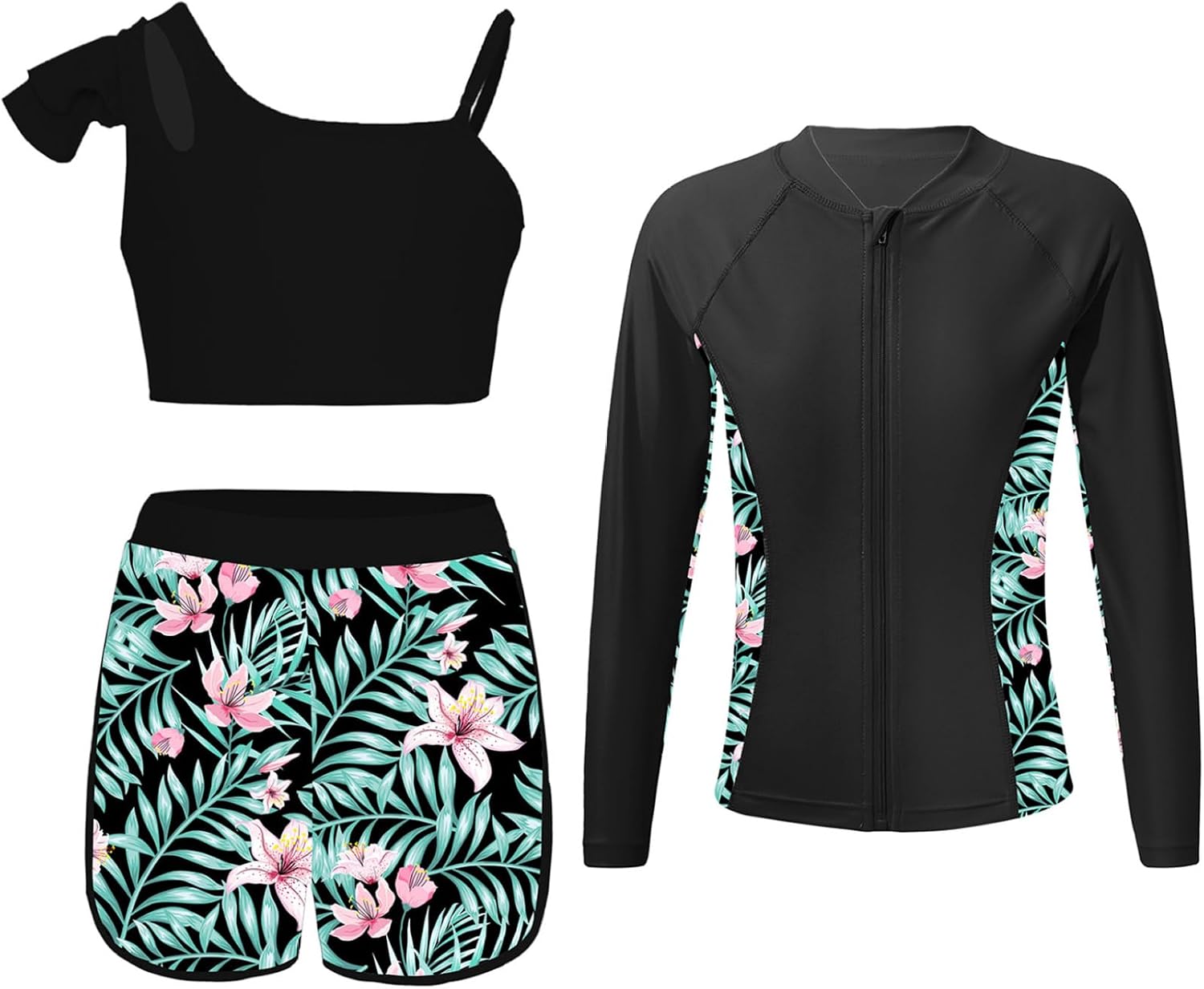 Girls 3Pcs Rash Guard Athletic Swim Top Bikini Crop Top Bottoms Surfing Bathing Suits