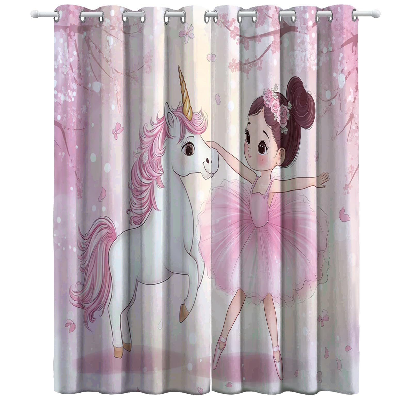 Générique Rideau Occultant Thermique Fille Ballerine De Dessin Animé avec Une Licorne L 140 X H 245 cm Rideau Occultant Opaque imprimés en 3D, Oeillets Lot de 2 Isolant Chambre Enfant