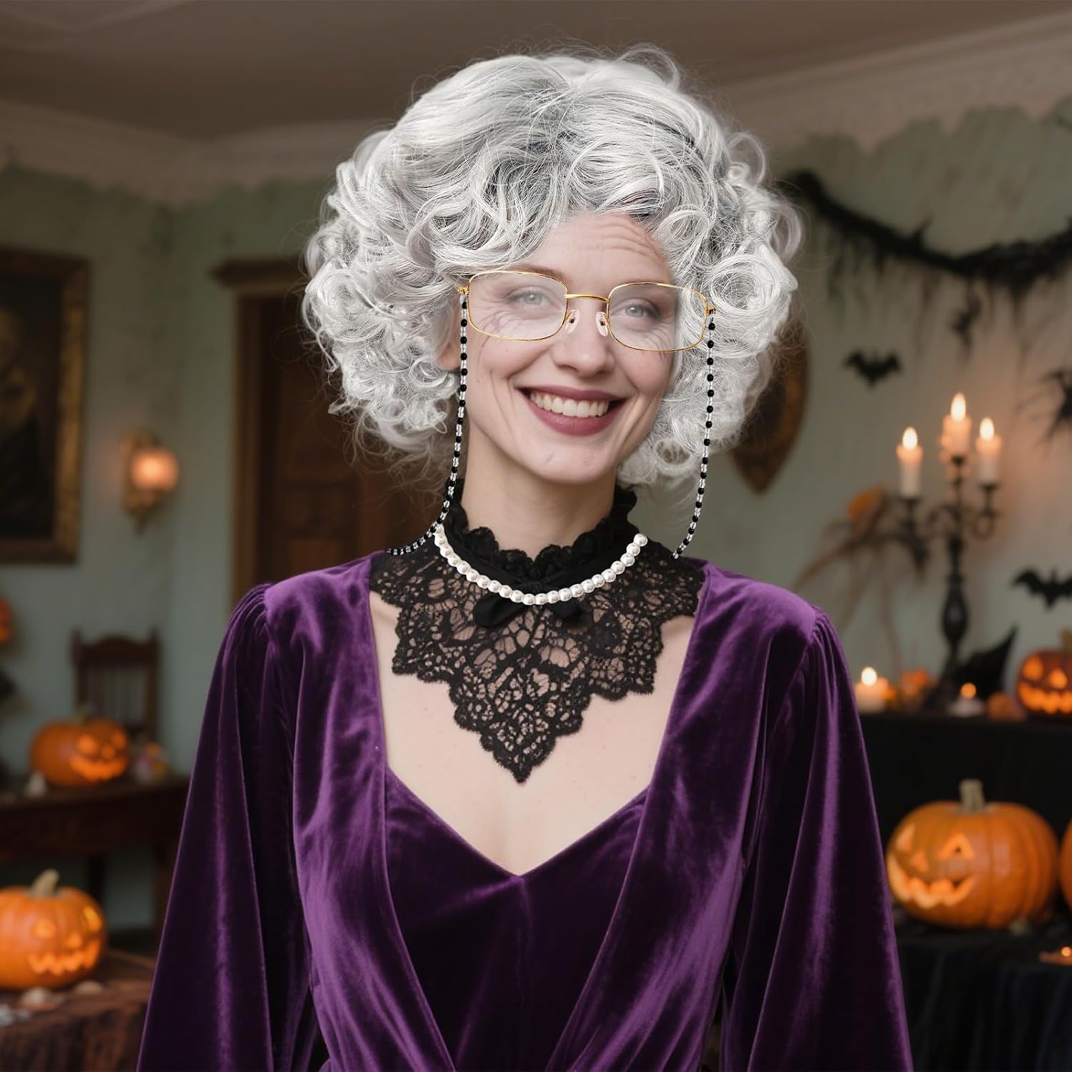 Jnnzzggu 8Pcs Old Lady Wig Set,Grey Wigs for Women,Old Lady Costume with Grandma Wig for Halloween,Party,Cosplay, 100 Days of School Costume