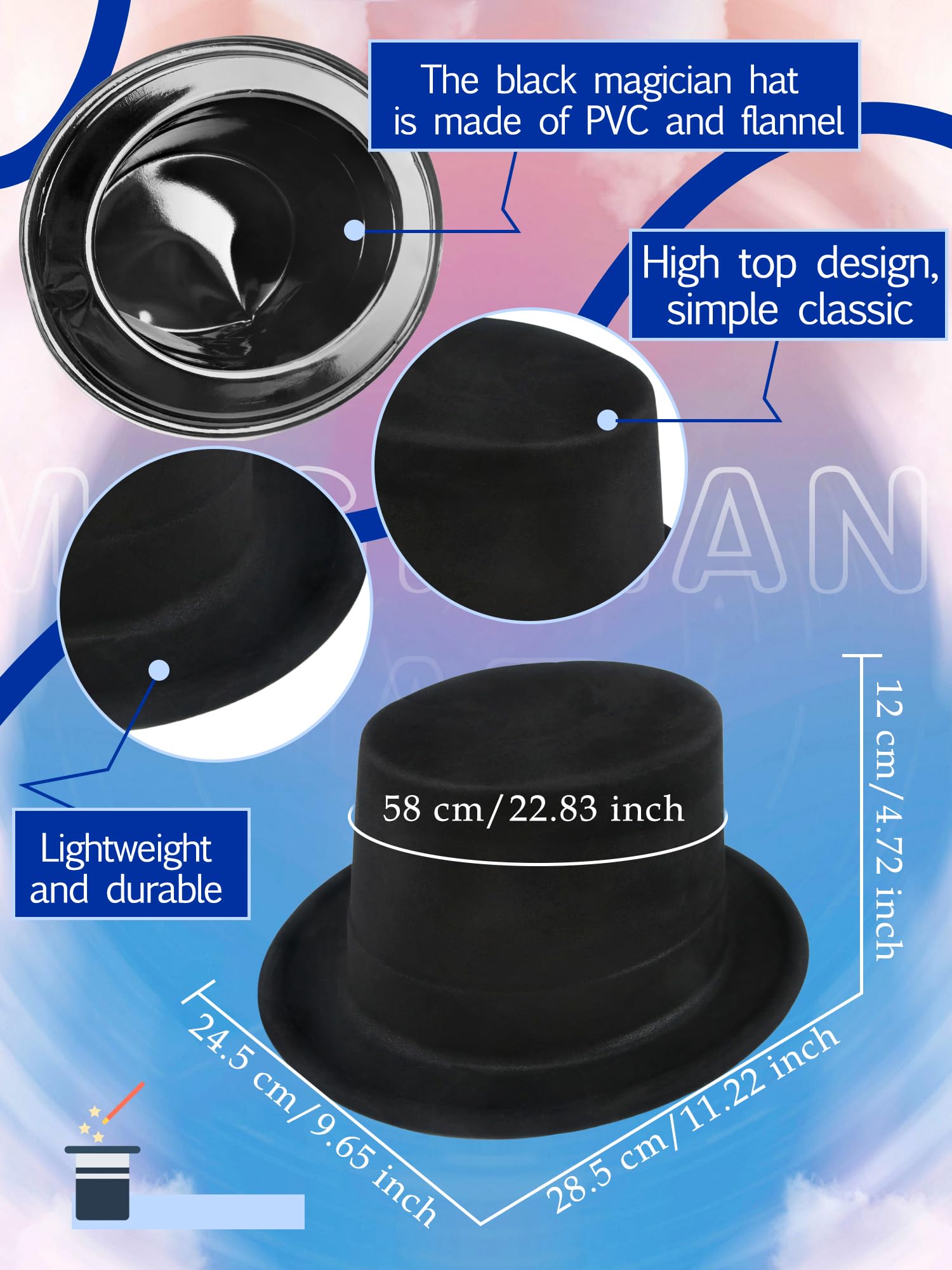 SGBETTER 8 Pack Adults Black Top Hats Plastic Magician Hat Costume Party Hat Top Hats Bulk for Party Dress Up Supplies - Image 2