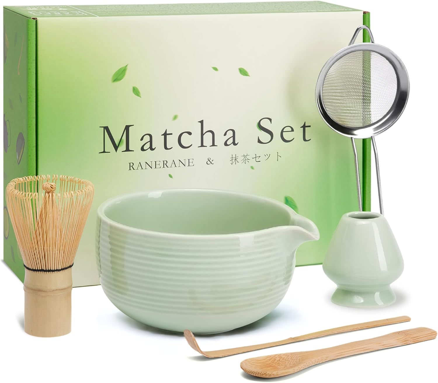 Matcha Whisk Set, Line Cyan Ceramic Matcha Set Includes Matcha Bowl, Matcha Whisk (Chasen) and Holder, Sifter, Bamboo Scoop & Spoon - 6 Pcs Matcha Kit for Matcha Lovers
