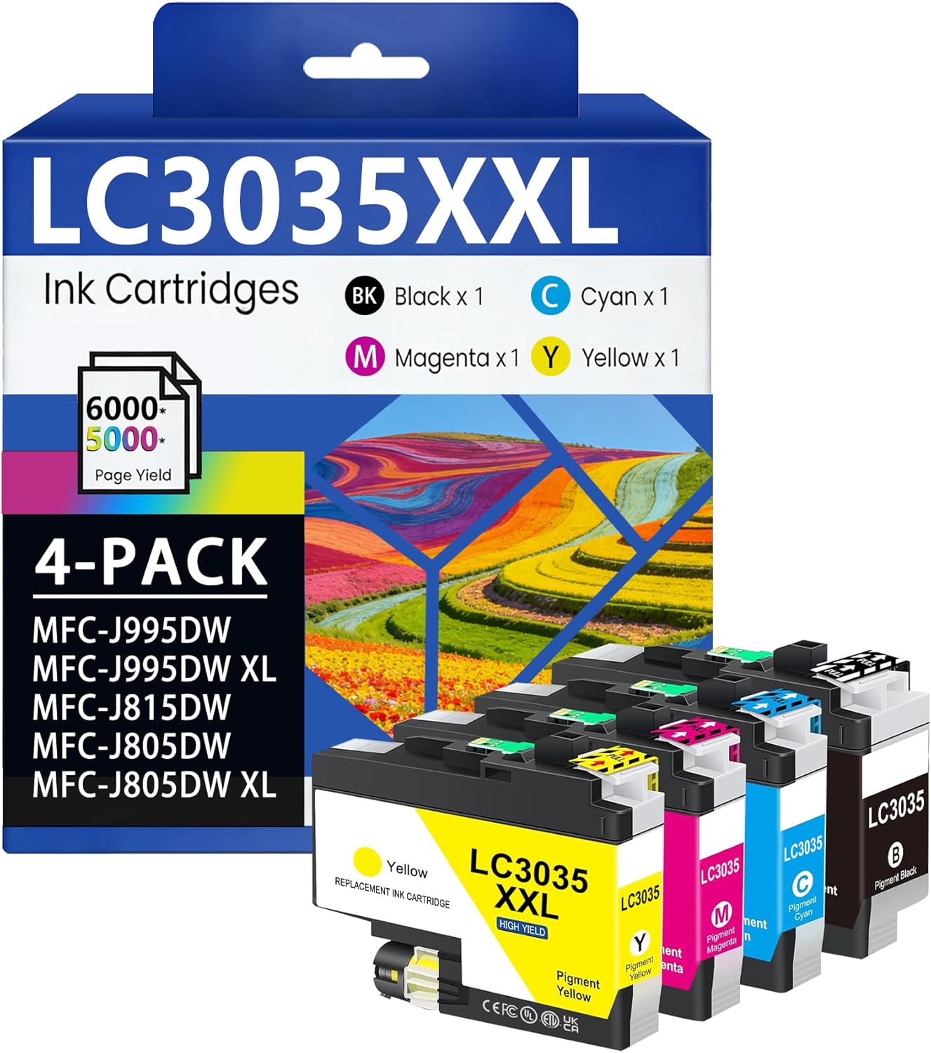 LC3035XXL Ink Cartridges High Yield 4 Pack BK/C/M/Y Ink Replacement for Brother LC3035 LC3033 MFC-J805DW MFC-J815DW MFC-J995DW MFC-J995DW XL Printer LC3035 XXL