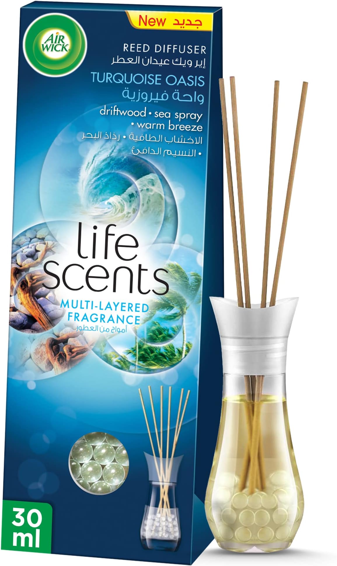 Air Wick Life Scents Reed Diffuser, Turquoise Oasis Scent (Driftwood, Sea Spray & Warm Breeze), 30ml