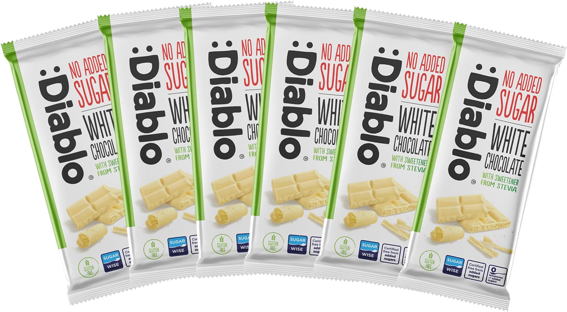Diablo No Added Sugar White Chocolate – No Added Sugar Chocolate Bar Sweetened with Stevia, Gluten Free, Ideal for Any Occasion, Birthdays, Valentines, or Gift Hampers, 75g (Pack of 6)