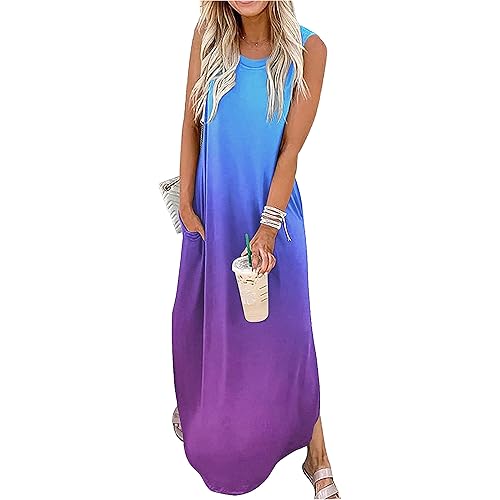 CHUNTIANRAN Women's Maxi Dress Summer Casual Sundress Sleeveless Long Dresses Hawaiian Beach Maxi Dress with Pockets