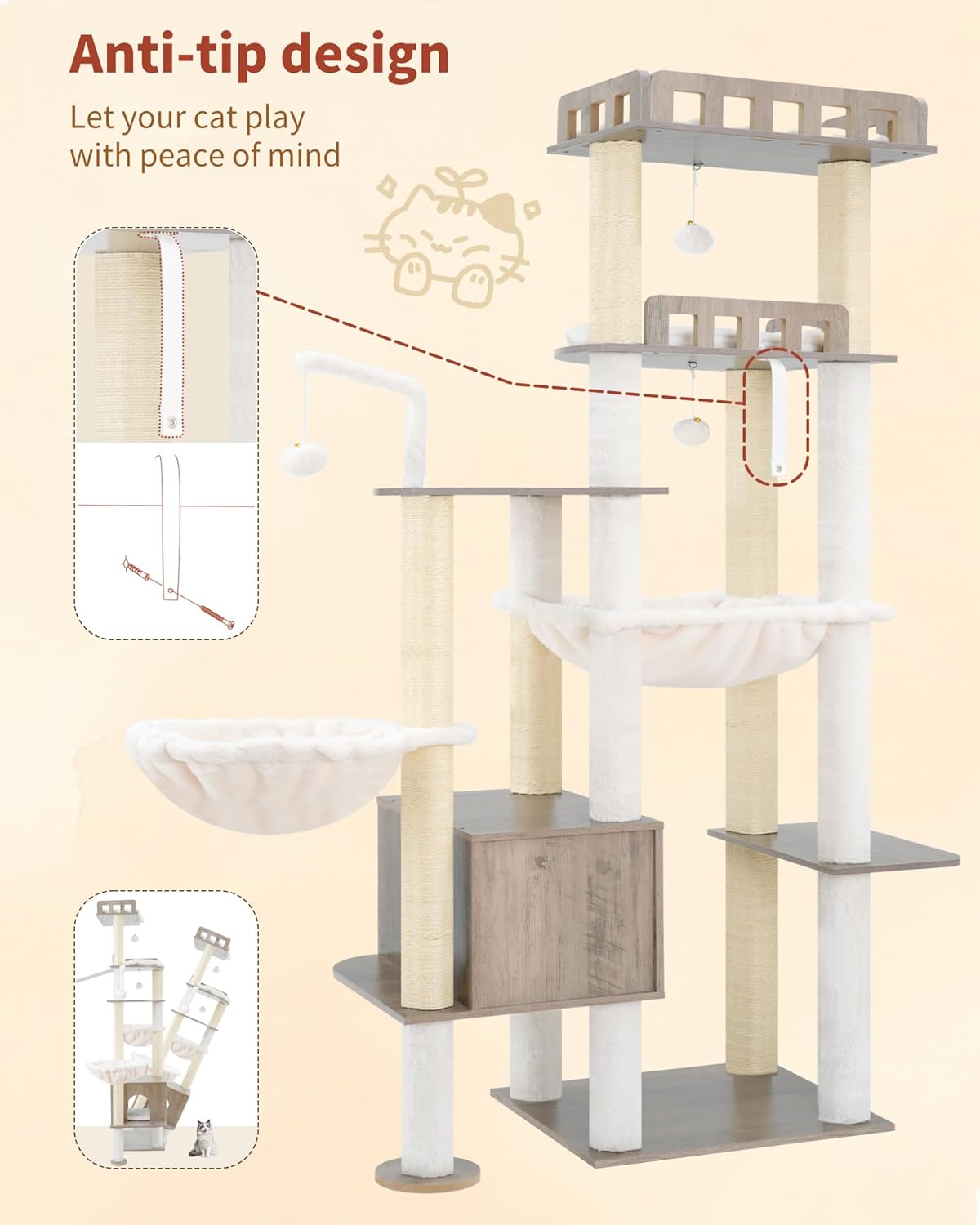 Heybly Cat Tree, 70.5 Inch Wood Tall Cat Tower for Large Indoor Cats with Extra Stable Structure, Modern Cat Furniture with All-Sisal Scratching Posts, Cat Condo & Hammocks, Greige HCT121SG