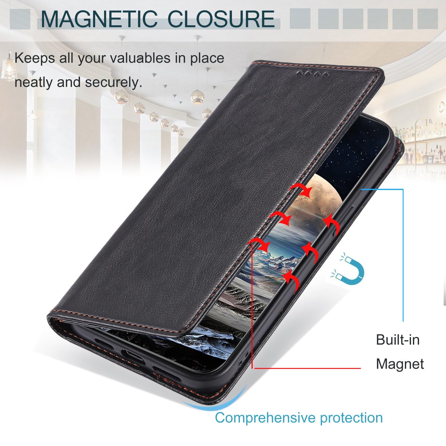 Skórzane etui na telefon komórkowy do iPhone'a 15 Pro Max/15 Pro/15 Plus/15, skórzane etui odporne na upadki, etui z klapką, miejsce na kartę, funkcja stojaka, etui na telefon, pomarańczowe, 15