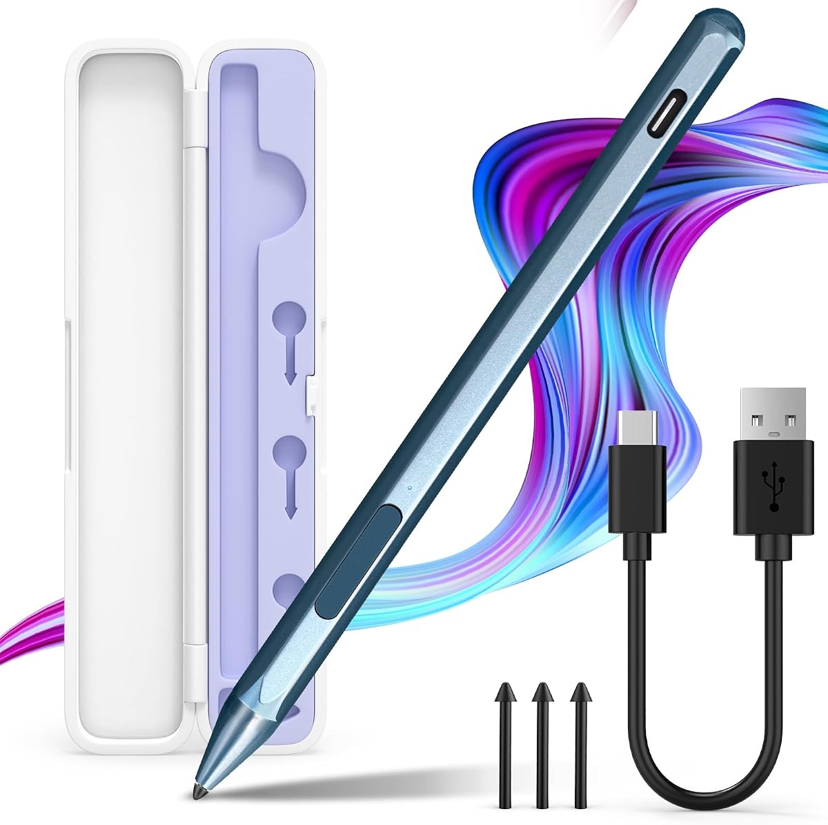 Stylus Pen for Surface Pro12/11/10/9/8/7/6/5/4/3/X/Go/Book/Laptop, Blue | with Storage Box,4096 Tilt Pressure,Silver Magnetic Attachment, USB-C Fast Charging, Palm Rejection Function