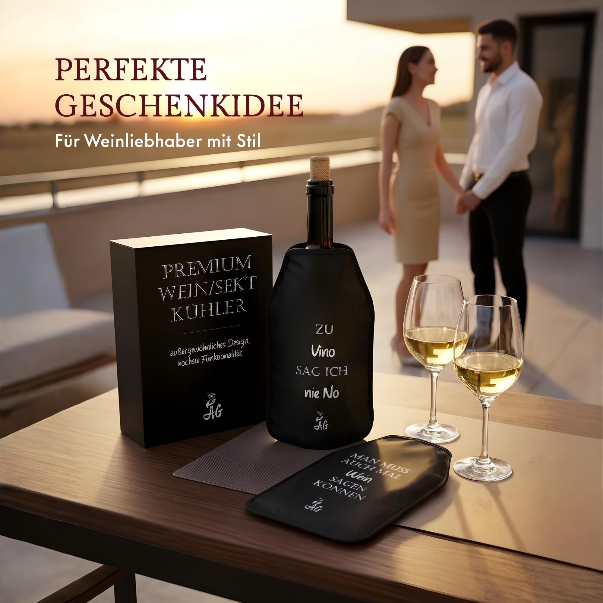 AG Kühlmanschette, Set aus 2 Kühlern, Weinkühler, Flaschenkühler, Sektkühler, Edel und hochwertig mit witzigen Sprüchen, Wiederverwendbar