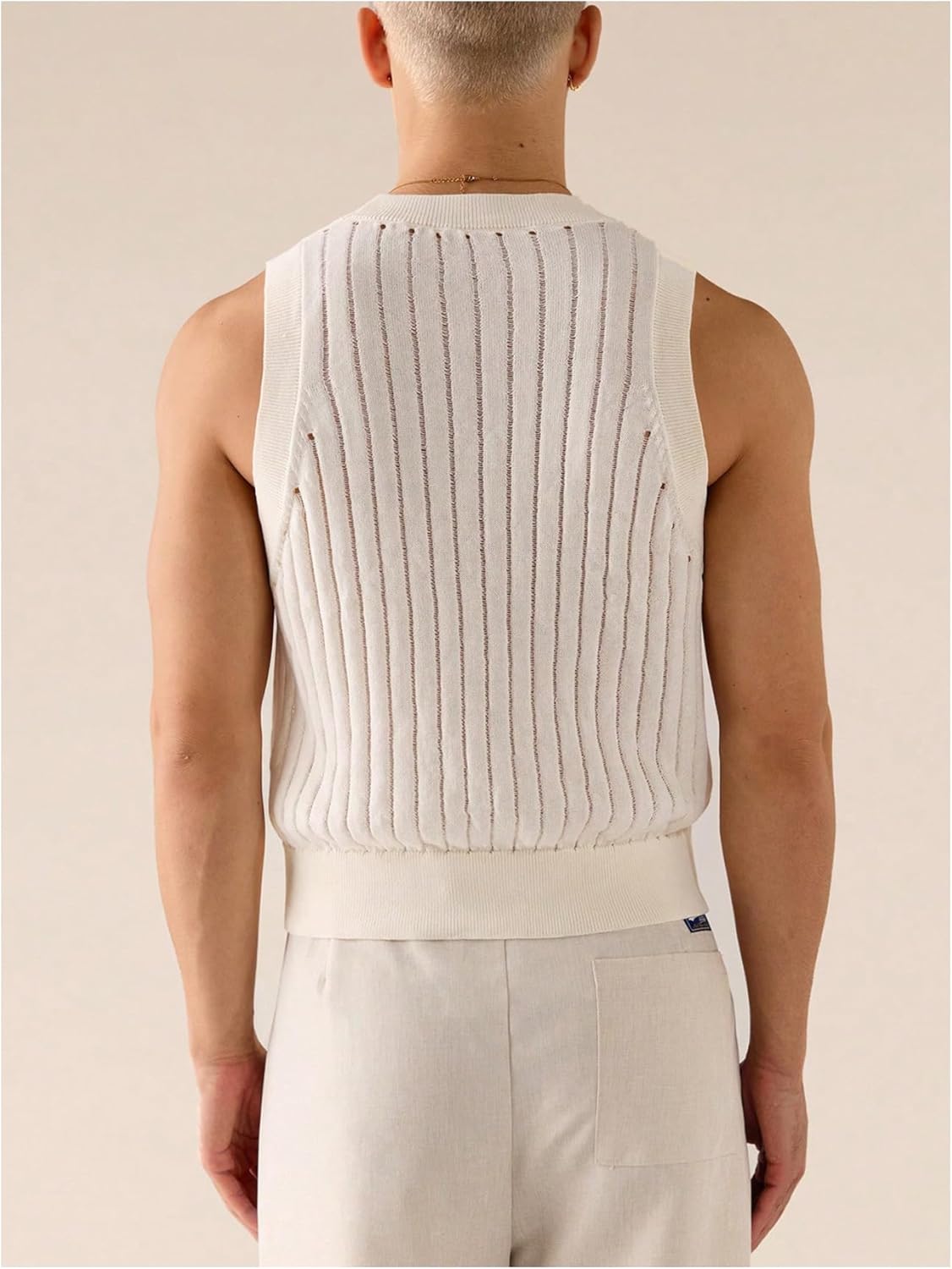 Men's Ribbed Knit Hollow Tight Sweater Vest Crewneck Sleeveless Knitted Tank Top - Image 4