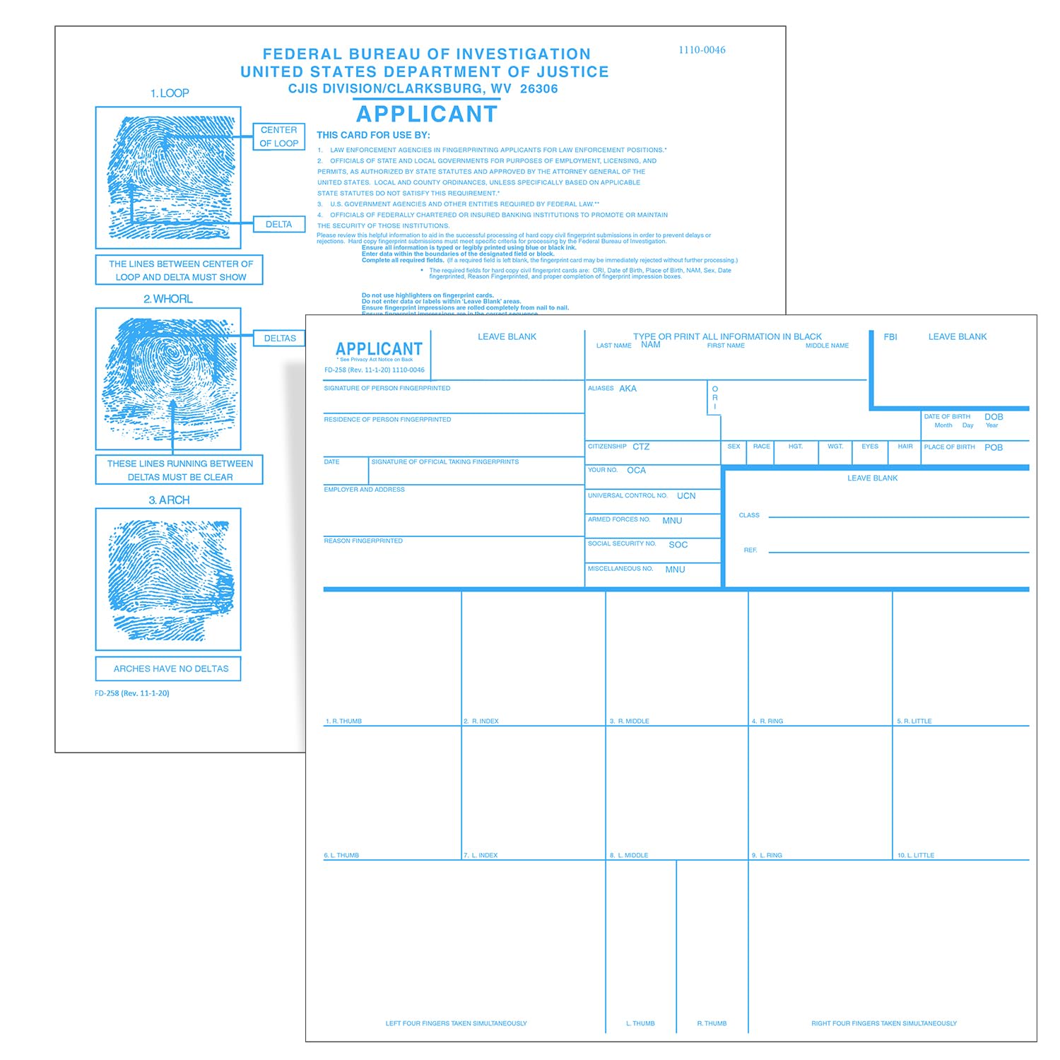 200pcs FBI Fingerprint Cards, Premium Applicant FD-258 Finger Print Ink Pad Cards Rev. 11-1-20 (8.03x8.03 Inches)