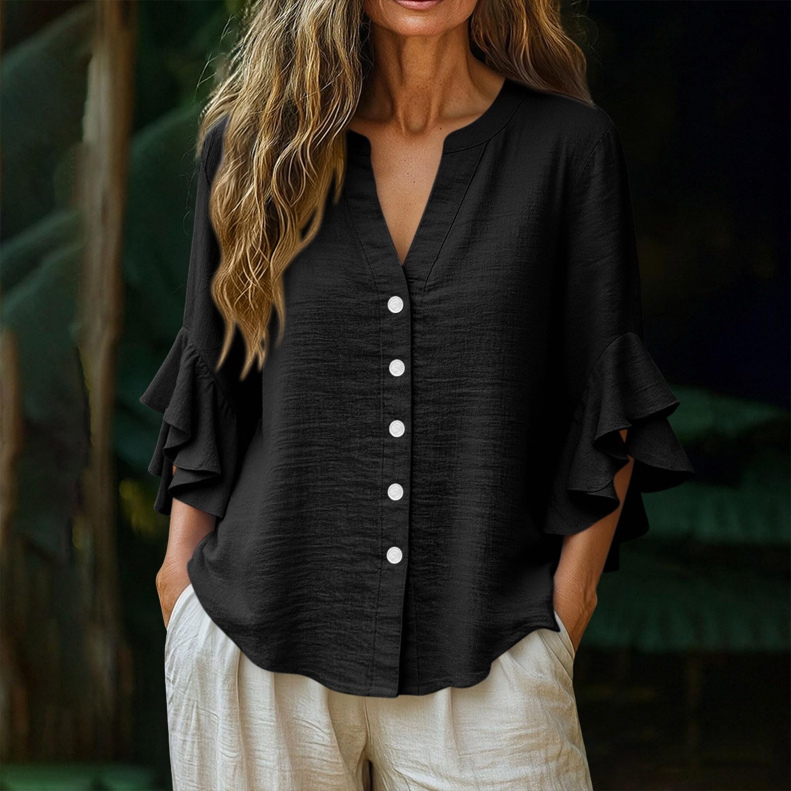 AACH 2026 Longshirt Damen Elegant Bluse 3/4 Ärmel Button-Down Leinenbluse V-Ausschnitt Sommer Oberteile Baumwolle Leinen Blusenshirt Modische Business Tunika Tops Einfarbig Lässig Tshirt