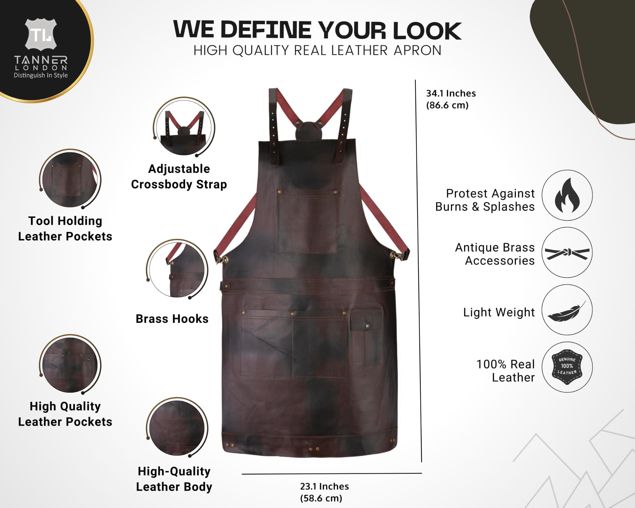 TANNER lONDON Premium Full Grain Leather Apron, Black, Brown, Green, 3 Large Pockets, 1 Small Pocket, Crossbody Design, Unisex (Brown) - Image 2