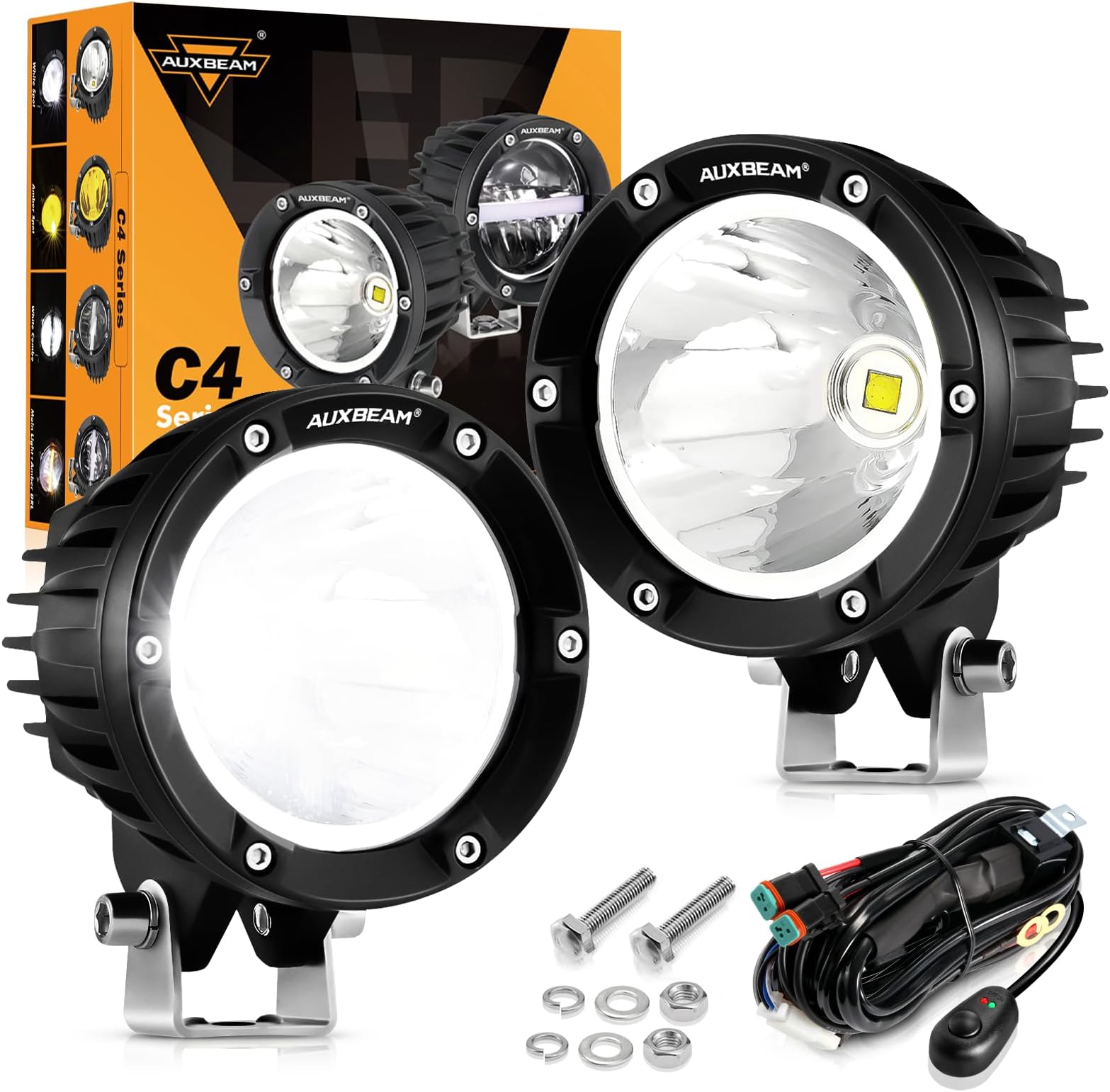 Auxbeam 4 Inch 72W Round Offroad Lights, 2PCS 7200LM LED Driving Pod Spot Lights White Beam with Wiring Harness Fit for Jeep Vehicle Truck SVU Motorcycle UTV
