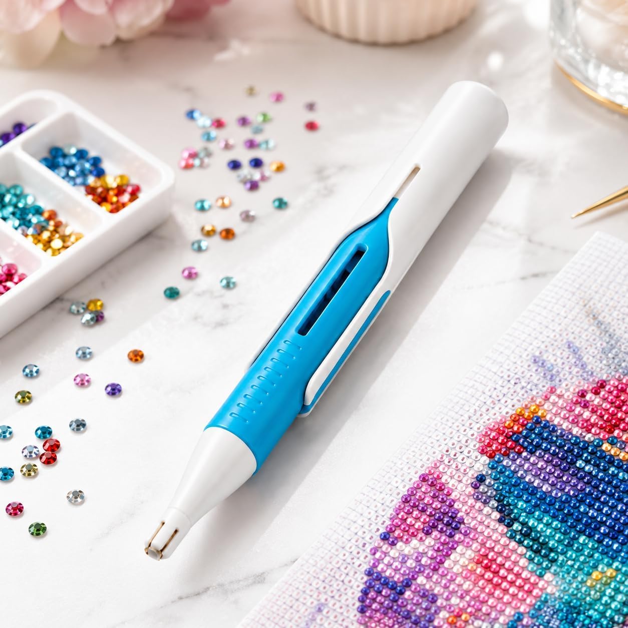 FAMINESS Automatic Diamond Painting Bead Dispenser Diamond Art Tools Pen No Wax Needed Diamond Art Accessories Kit for DIY Crafts