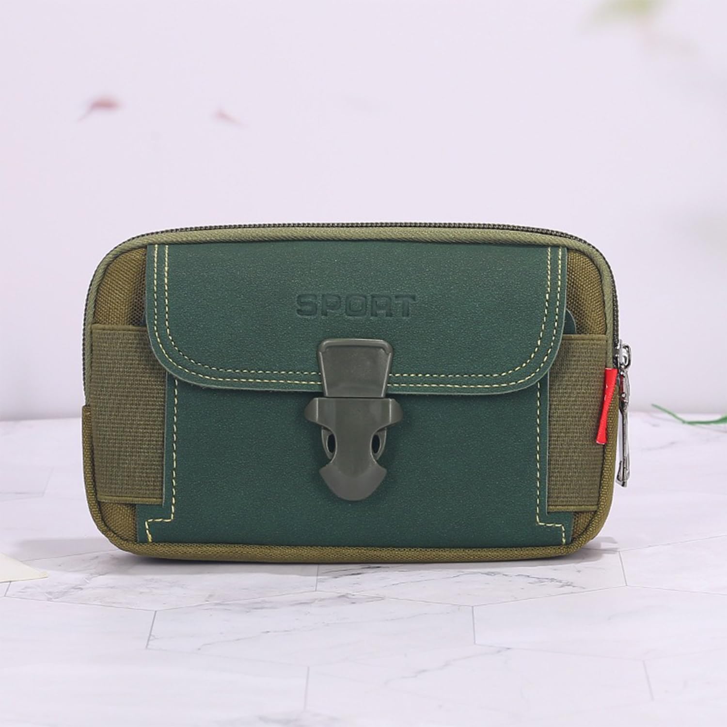 MOMISY Nylon Travel Utility Pouch for Men's β Solid Color Outdoor Phone Bag with Buckle & Dual Zipper Compartments (Green) 3