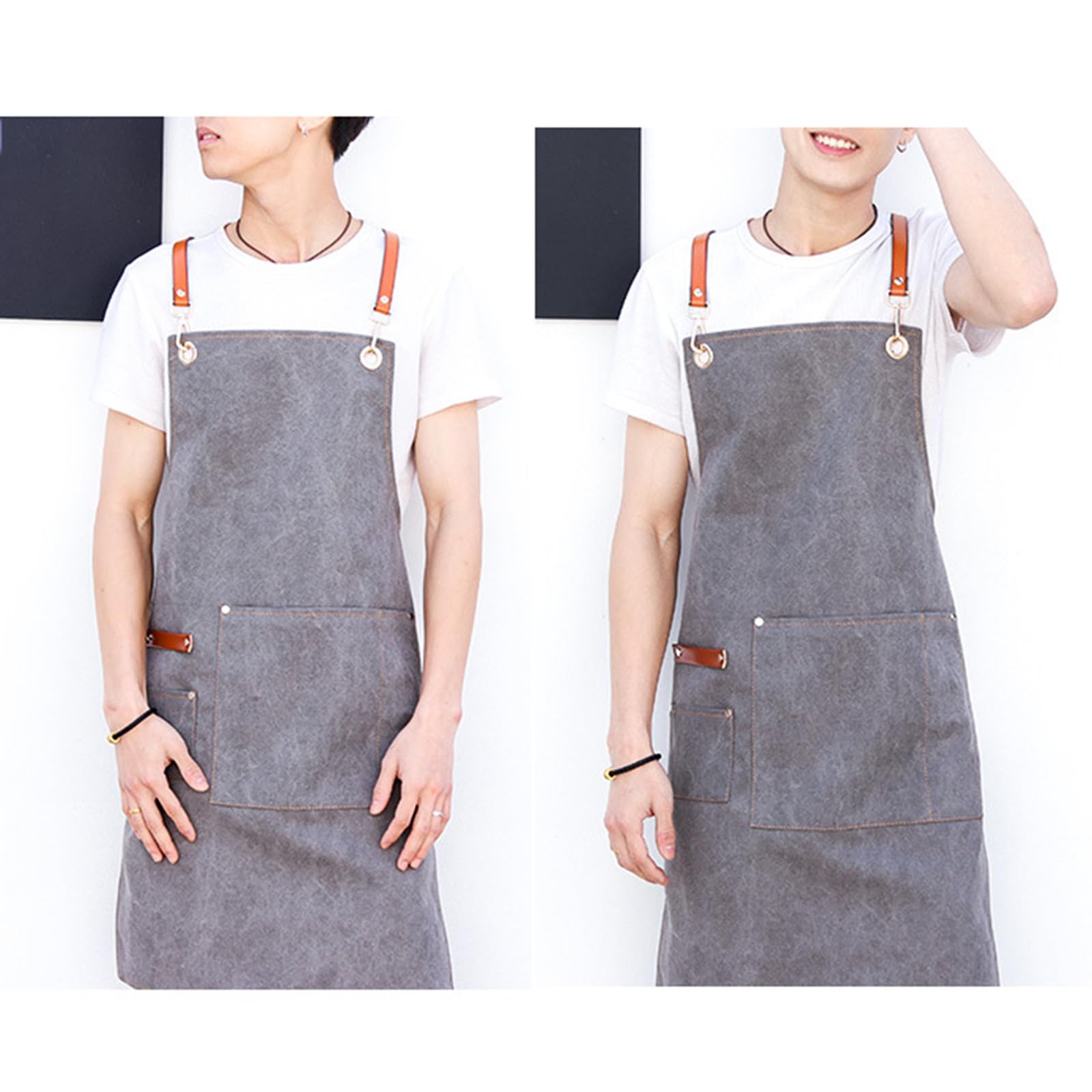 Tabliers, Tabliers de chef for hommes et femmes avec grandes poches, tablier travail réglable en denim à dos croisé, taille M XXL, gris