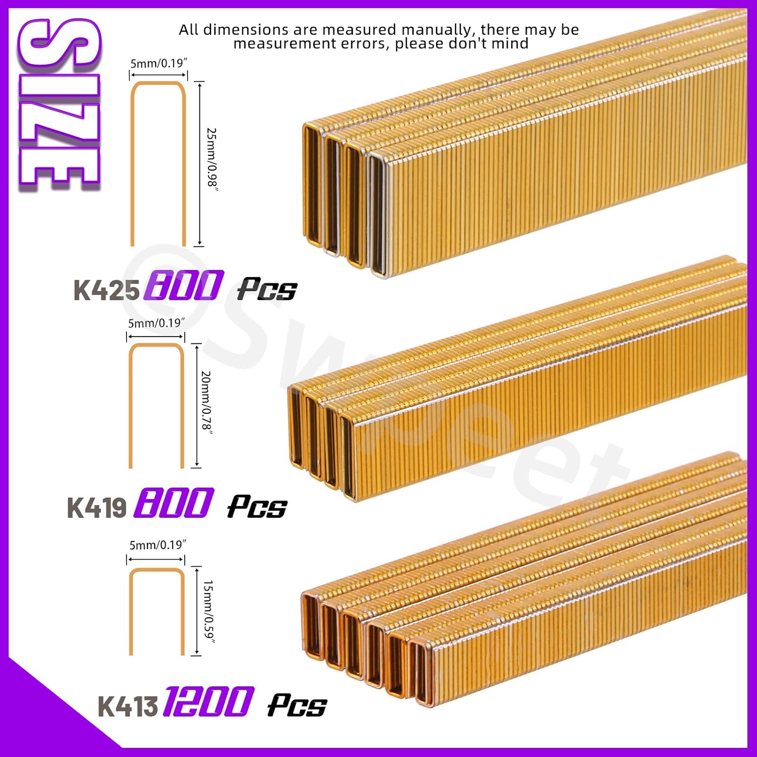 Swpeet 2801 Counts 3 Sizes K413 K419 K425 18 Gauge Approx 1/4"×1/2"/3/4"/1" Gold Narrow Crown Staples, Galvanized Finish Staples, Assorted Size Project Pack for Pneumatic, Electric Stapler