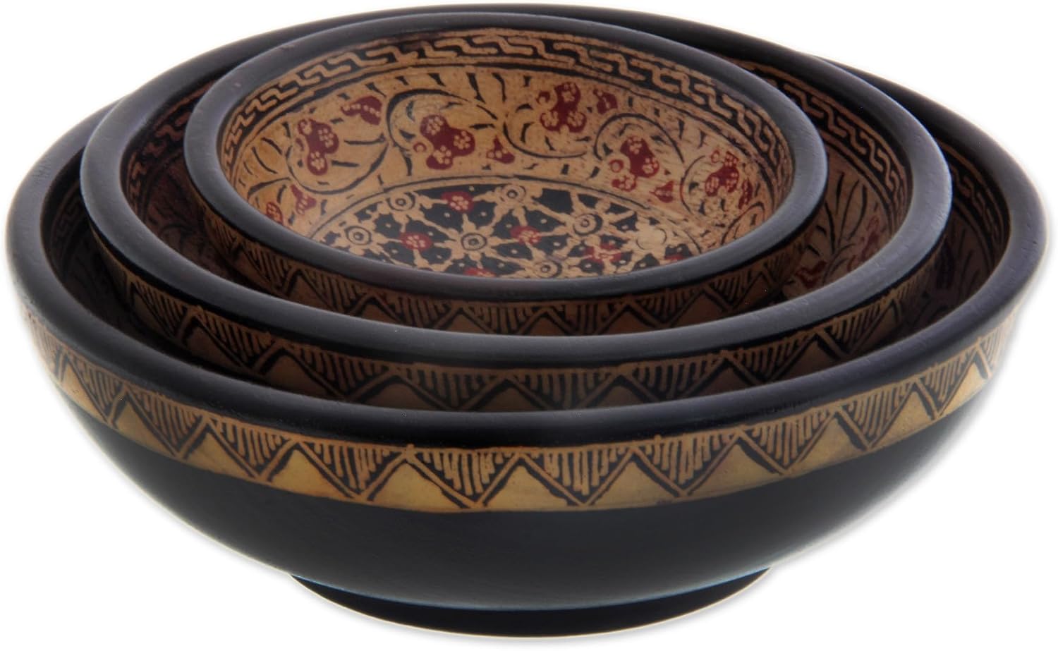 NOVICA Decorative Wood Batik Centerpieces, Red and Black, Jasmine Bud' (Set of 3)