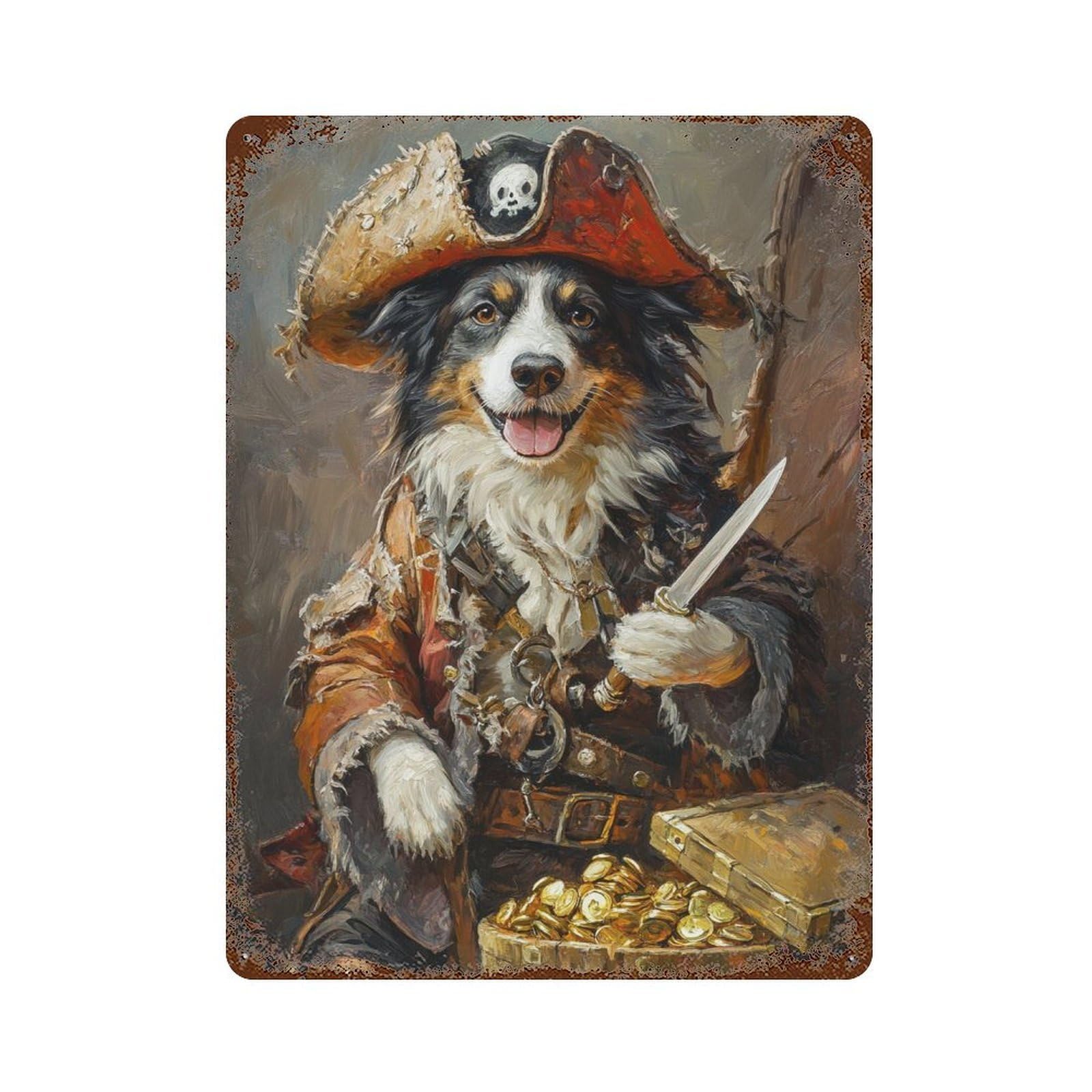 Weathered Tin Sign Pirate Dog Treasure Chest-15 15.7"x11.8", Rustic Home Decor for Basement, Hobby Room And Garage Decor