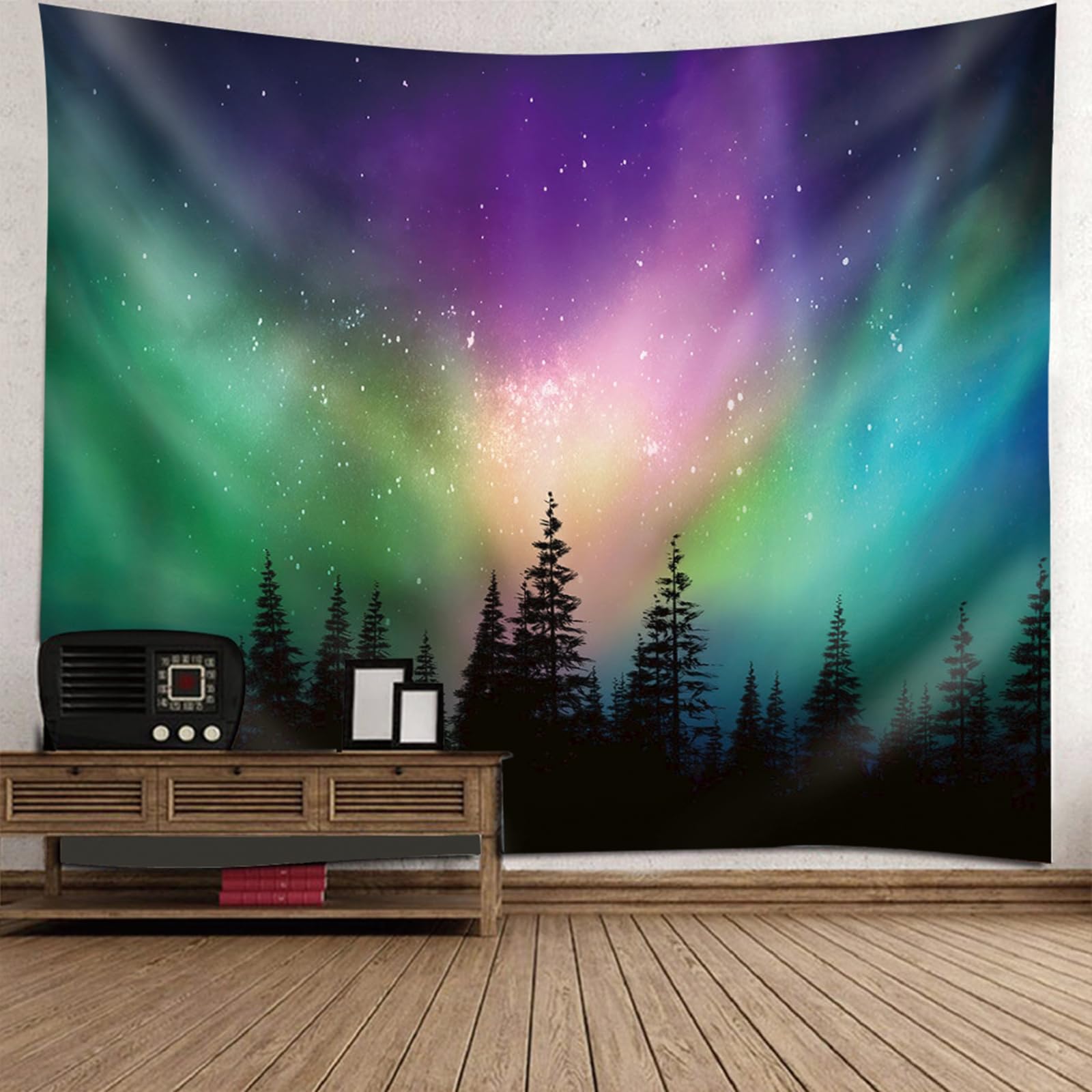 Tapiz para colgar en la pared decorativo de 150 x 150 cm con diseño de paisaje de bosque y estrellas 6