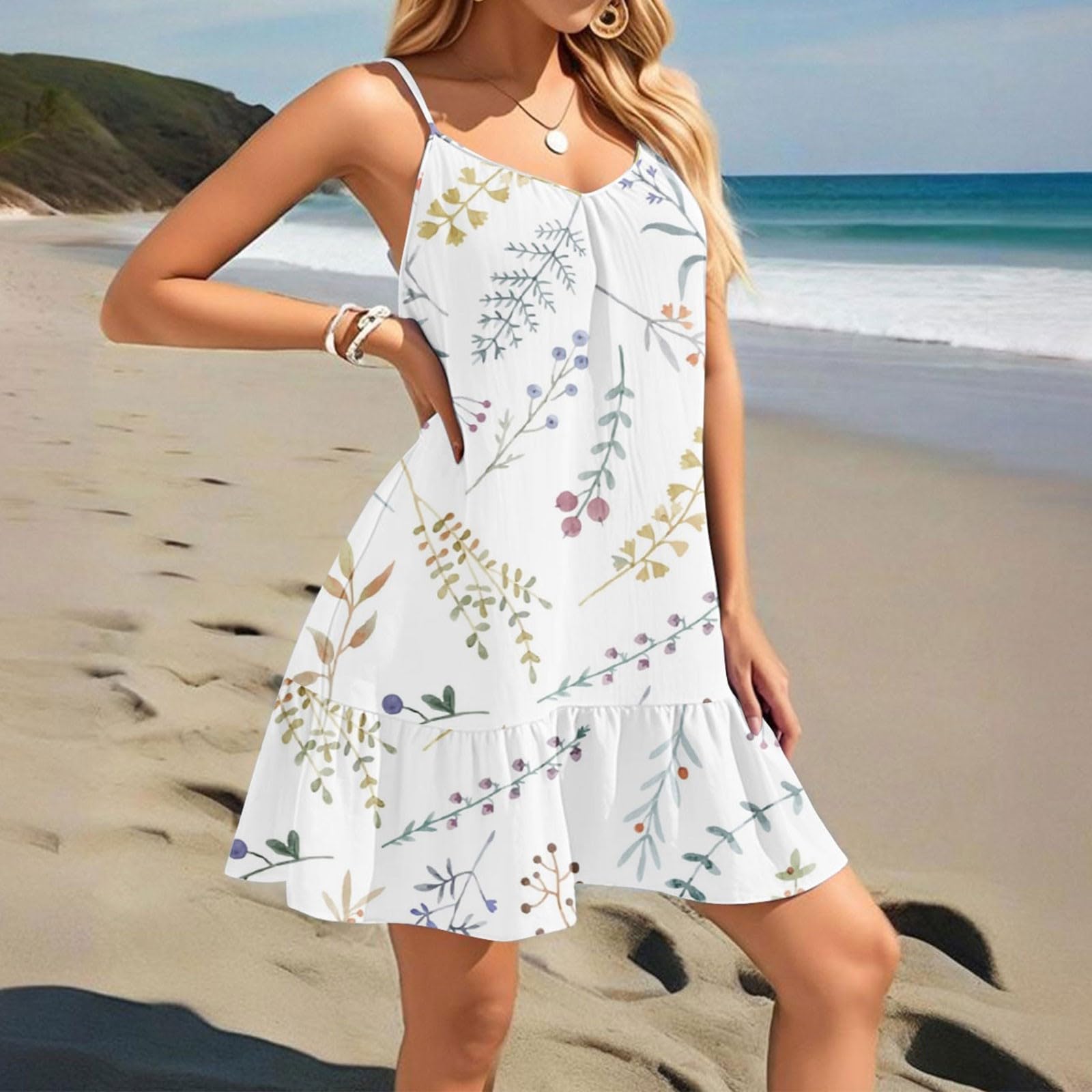 Sommerkleid Damen Kurz Rüschen Spaghettiträger Strandkleid Elegant A Linie Kleider Sommer Rückenfrei Trägerkleid Locker Kleid Frauen Casual Sommerkleider Leicht Und Luftig Minikleid Schick