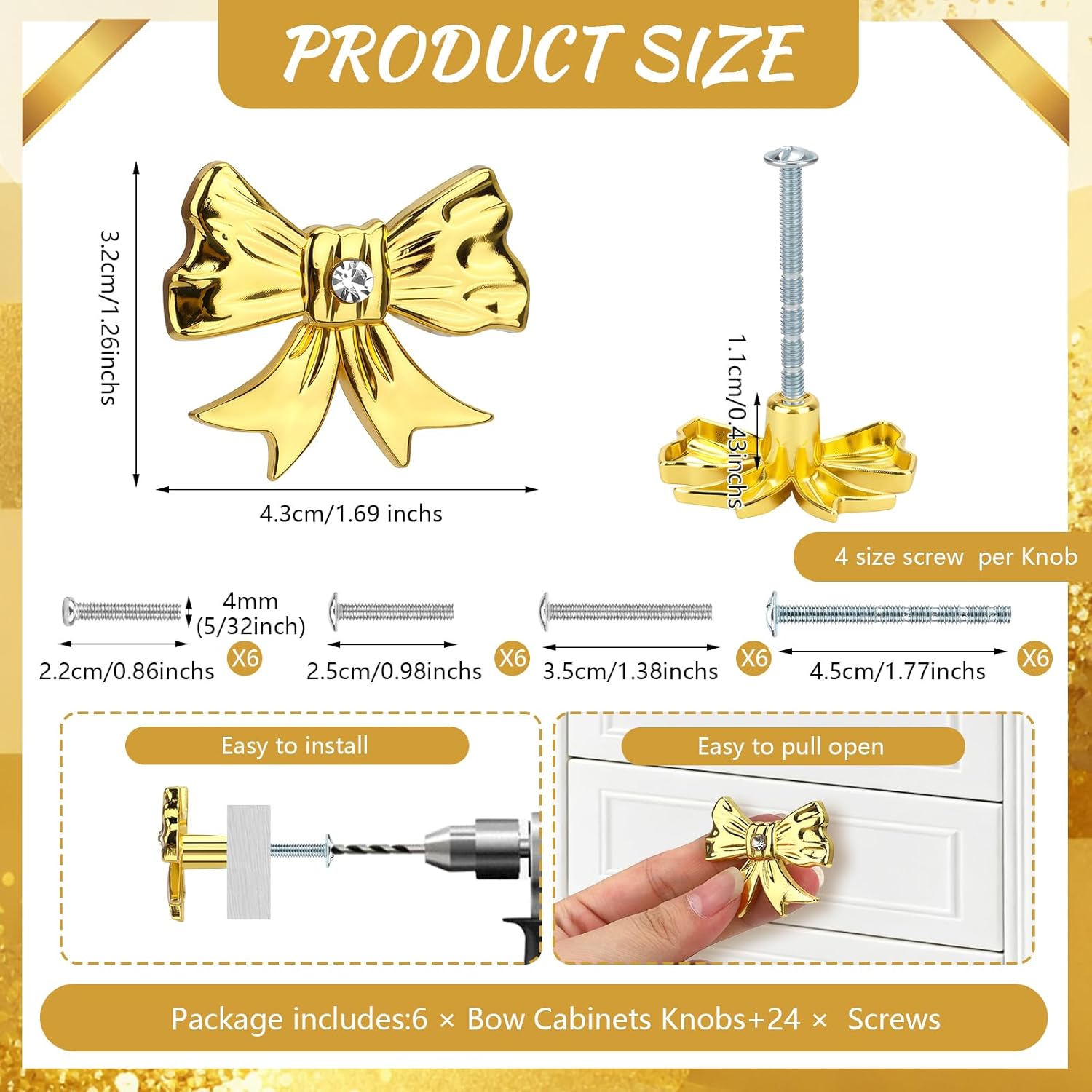 Gold Bow Dresser Knobs Cute Drawer Knobs Zinc Alloy Brushed Hardware Handles Pulls Vintage Cupboard Drawer Knob for Kitchen Cabinets Home Bedroom (6, Shiny Gold-M-6)
