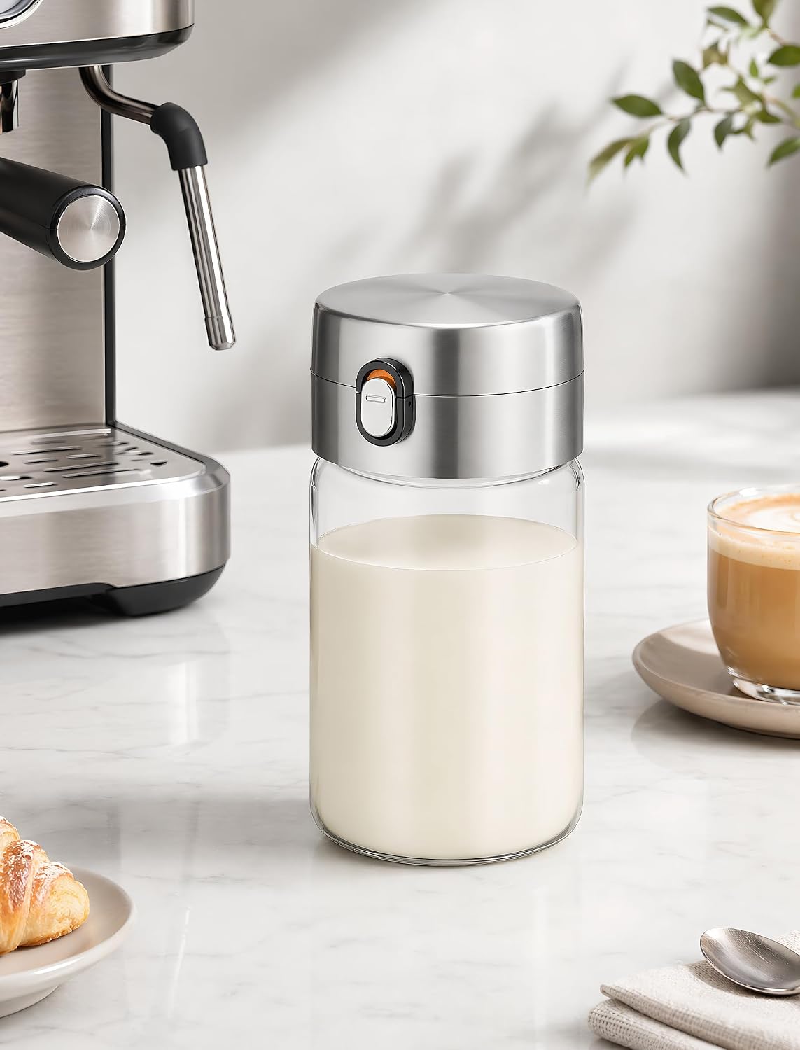 NiHome Creamer Pitcher Glass Milk Jug with Airtight Lid, Borosilicate 15oz