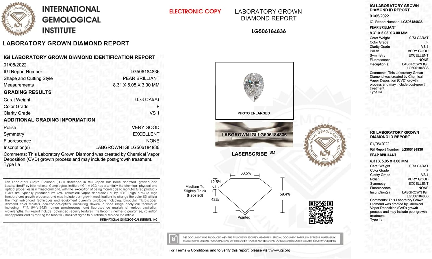 IGI Certified Laser Inscribed Loose Pear Brillant Cut Lab Grown Diamond (0.73ct, VS-SI G-H) For Engagement Ring, Pendant, Necklace, Earring