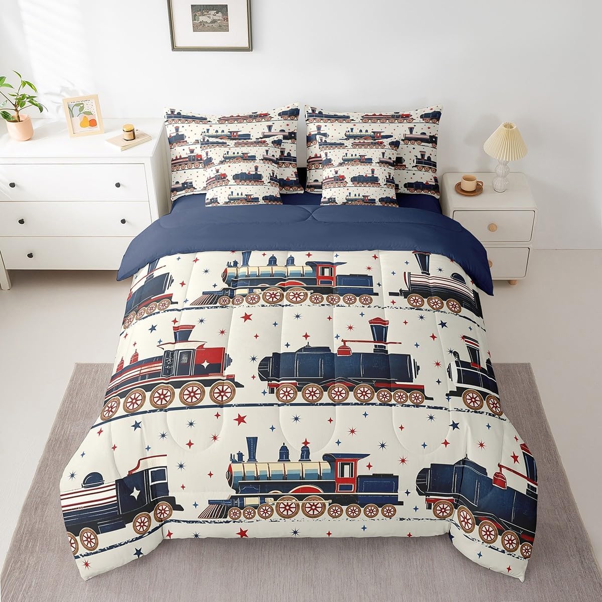 Erosebridal 7Pcs Vintage Steam Train Bedding, Cartoon Classic Railway Retro Queen Comforter Set with Sheets, Gifts for Kids Girls Boys Travel Locomotive Train Bed Set Bedroom Decor