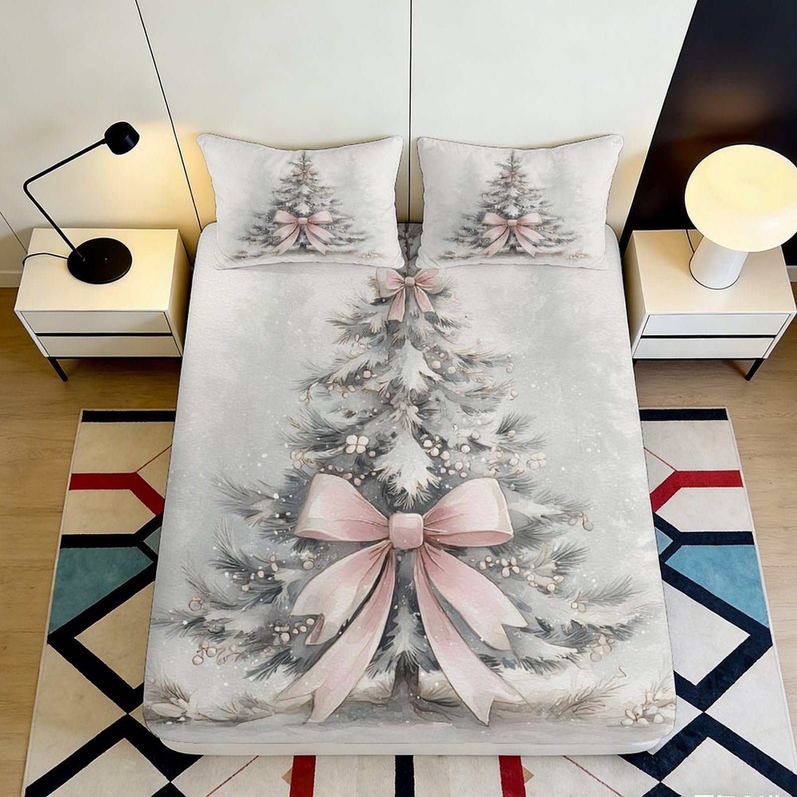 3D Printed Christmas Tree Fitted Sheet Microfiber Deep Pocket Full Wrap Bedroom Bedding Christmas Tree Mattress Fitted Cover Washable 140x200x25cm