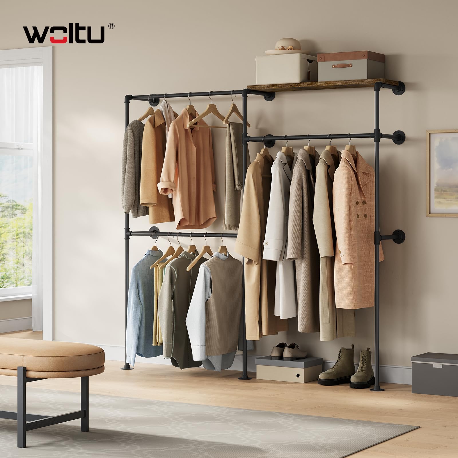 WOLTU Perchero de Pared, Armario Abierto, Perchero con Estante, Burro para Ropa, Barra de Colgar de Tubos Metálicos, Diseño Industrial y Vintage, Negro + Marrón Rústico
