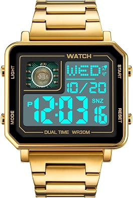 Reginald Watches for Men Fashion Trend Multifunction Outdoor Sports Watch EL Light Large Digital Display Chronograph Stainless Steel Square Watches