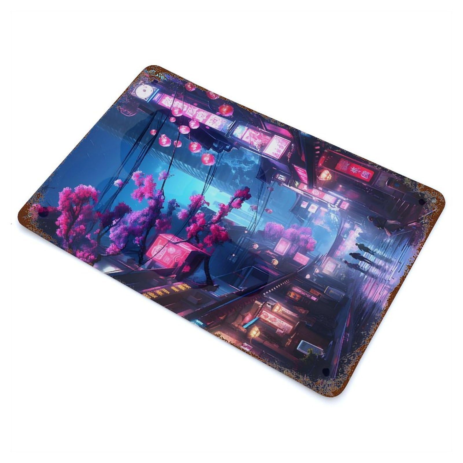 Garage Style Neon Tokyo Sakura Street Distressed Metal Wall Sign 11.8"x7.9", Novelty Wall Decor for Bar And Workshop