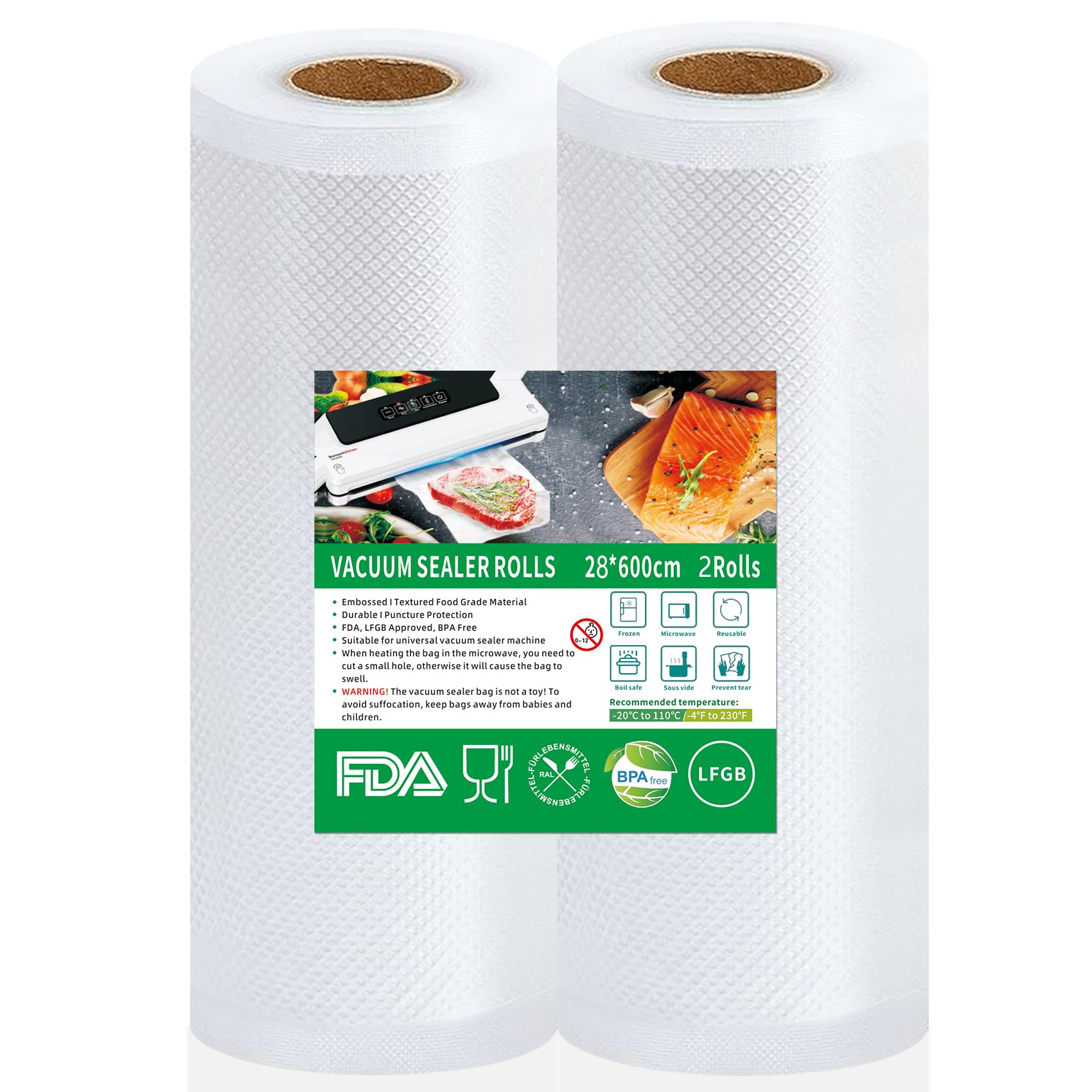 Worki próżniowe do żywności, 2 rolki, 28 x 600 cm, folia próżniowa, nie zawiera BPA, odporne na rozerwanie, 150 µm, rolka folii próżniowej do wszystkich zgrzewarek próżniowych, kuchenek