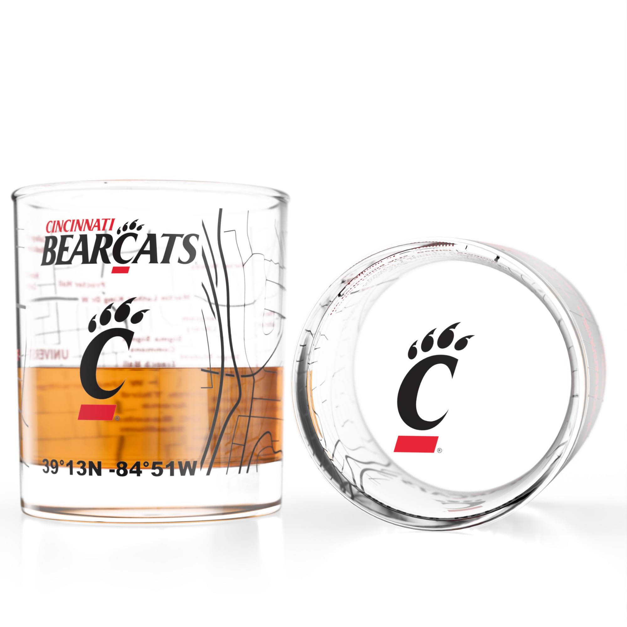 Greenline Goods University of Cincinnati Bearcats Whiskey Glasses Set of 2, 10 oz Rocks Glasses with Full-Color Logo &amp; Campus Map – Officially Licensed Bourbon Glass Gift for Alumni &amp; Fans