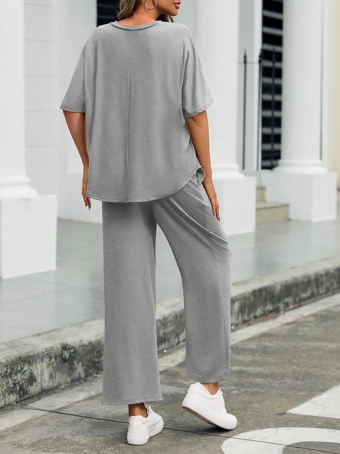 Tankaneo Womens 2 Piece Outfits Lounge Sets Oversized Short Sleeve V Neck Tshirts Wide Leg Cropped Pants Matching Set - Image 4