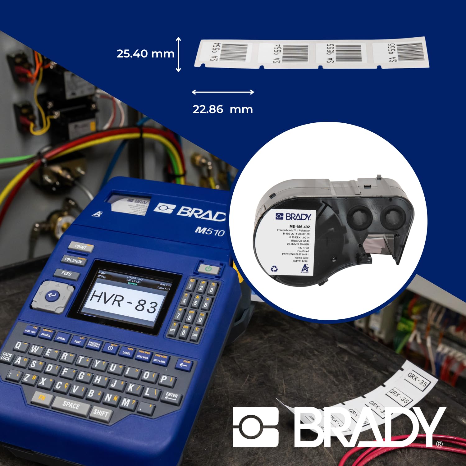 Brady FreezerBondz™ Polyester-Vorgefertigte Etiketten für Etikettendrucker BMP51/BMP53/M511-180 Klebeetiketten - Schwarz auf Weiß (22,86 mm (B) x 25,40 mm (H)) - M5-156-492