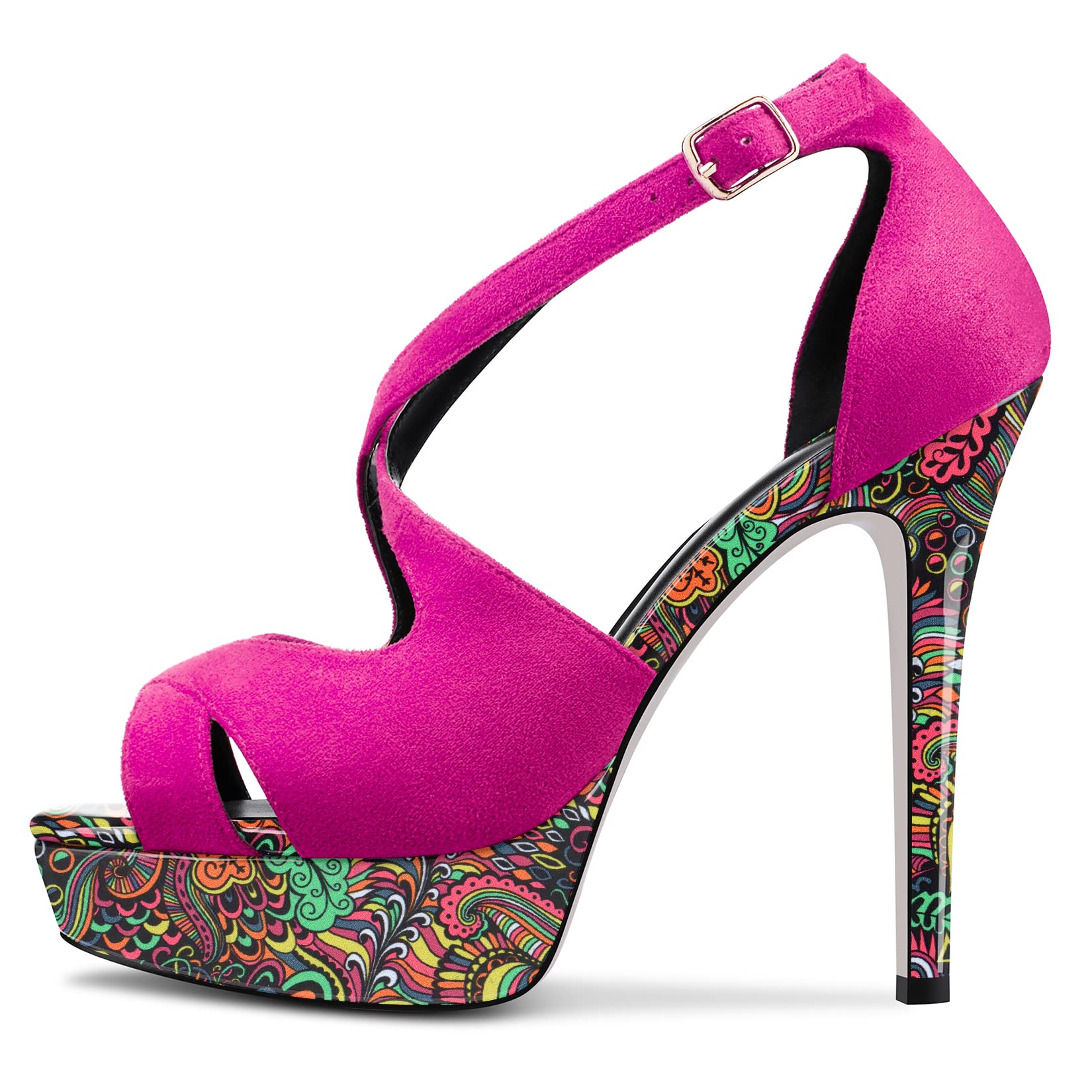 HDEUOLM Women Stiletto High Platform Heel Peep Open Toe Sandals Ankle Strap Wedding Dress 4.7 Inches Heels: 6 Peach Multicolor