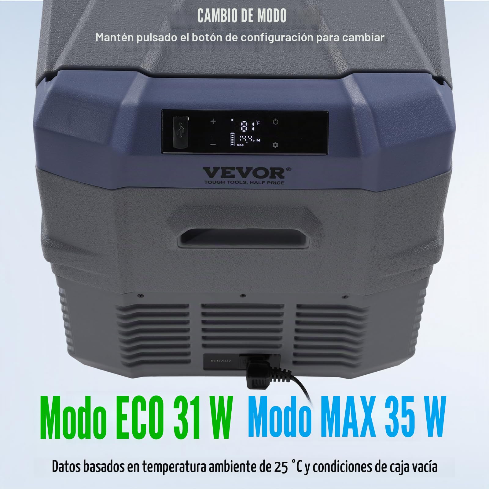 VEVOR Nevera de Compresión Portátil 37 L Mini Nevera para Coche 12/24V CC y 100-240V CA Caja Enfriadora de Zona Única Temperatura Ajustable de -20°C a 20°C para Camión Barco Casa 618 x 376 x 442 mm