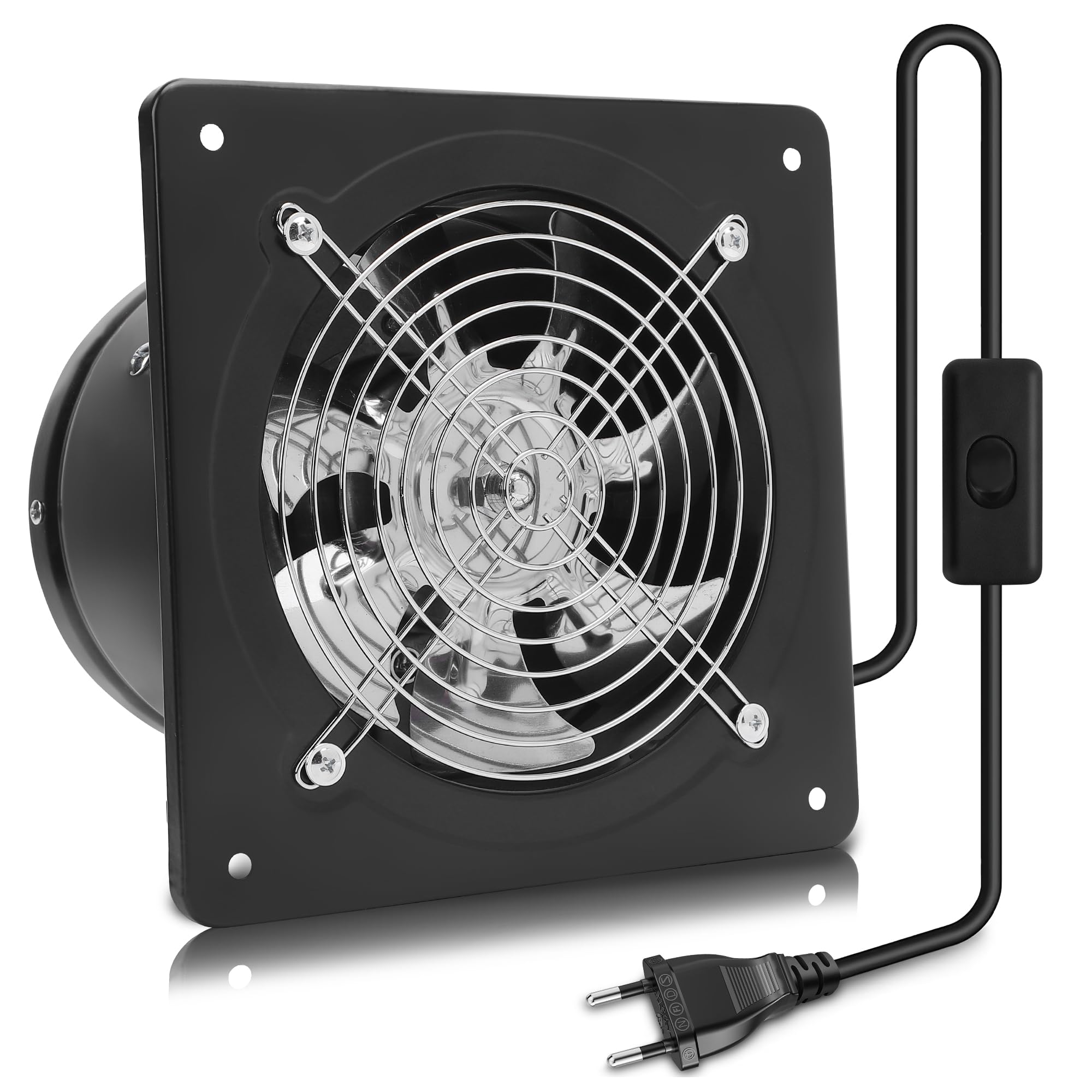 Air Extractor Fan with Switch, Window Mounted Silent Fan with 3 Holes for Kitchen Hood, Bathroom, Industrial Use (8" 80W)