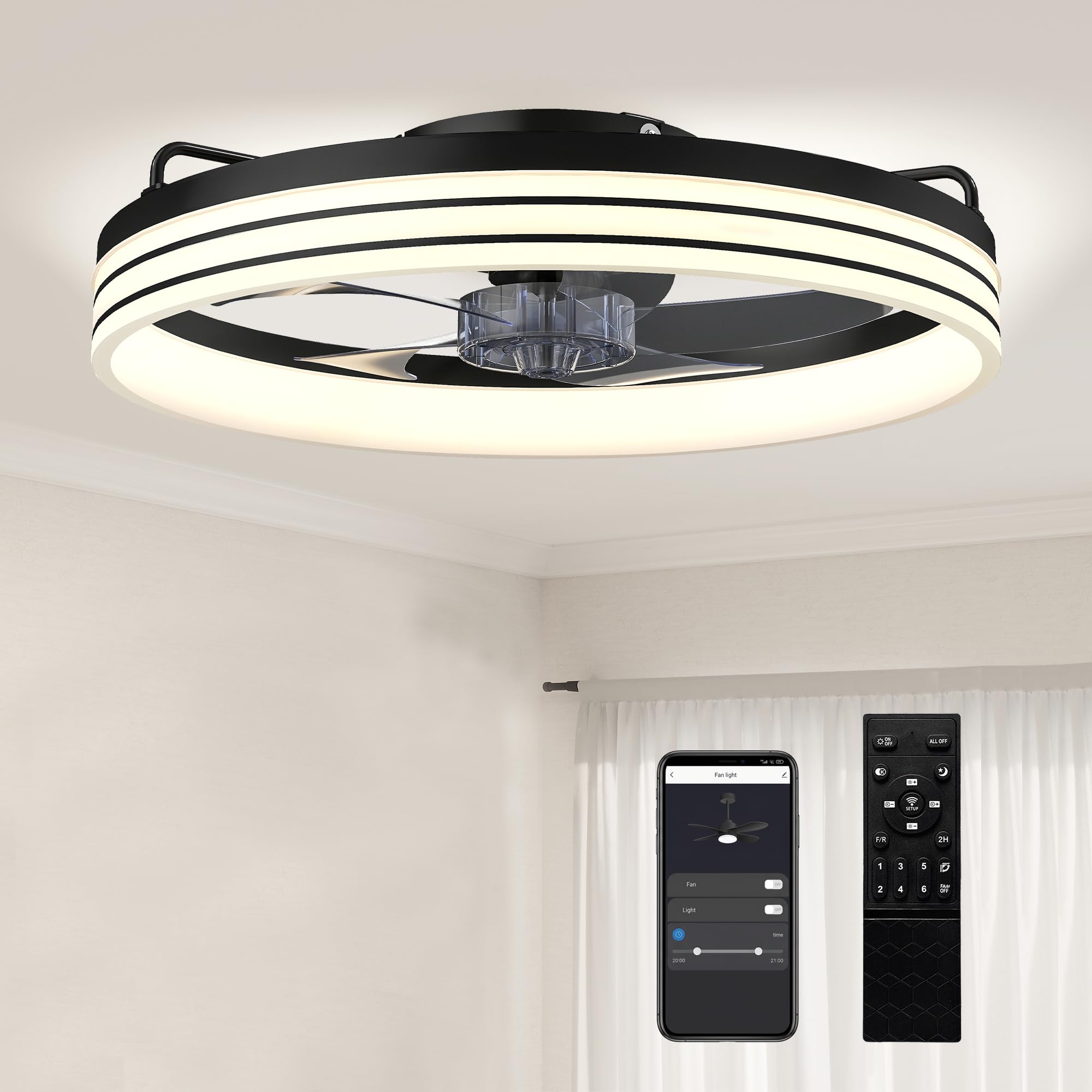 HOMCOM Ceiling Fans with Lights and Remote & App Control, 50 cm Modern LED Ceiling Fan Light with 3 Colour Temperatures, 6 Speed, Timer, Dimmable, Quiet Reversible DC Motor, for Bedroom, Black