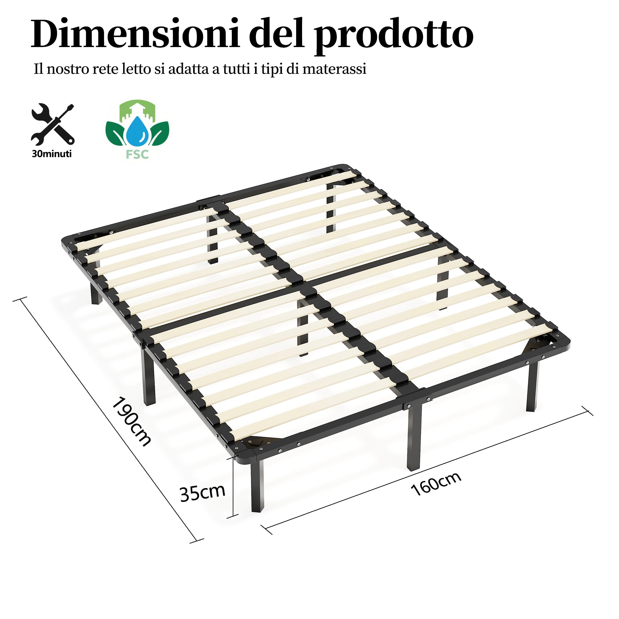 TEENO Rete Letto Matrimoniale 160x190 a Doghe in Legno,con 9 Gambe e 2x14 File di Doghe,Alto Sotto Letto 32 cm per Ampio Spazio di Archiviazione,Adatta a Tutti i Tipi di Materassi,Stile Moderno