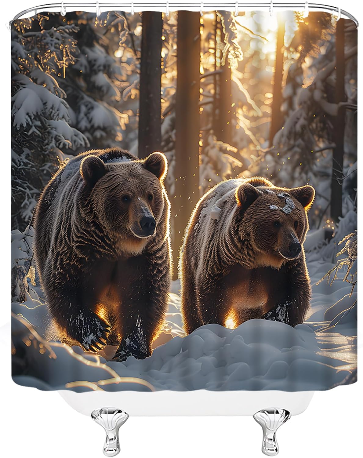 Winter Bear Extra Long Shower Curtain Animal Snow Forest Tree Nature Cabin Wildlife Brown Fabic with Hooks for Bathroom Decor,70x78 Inch