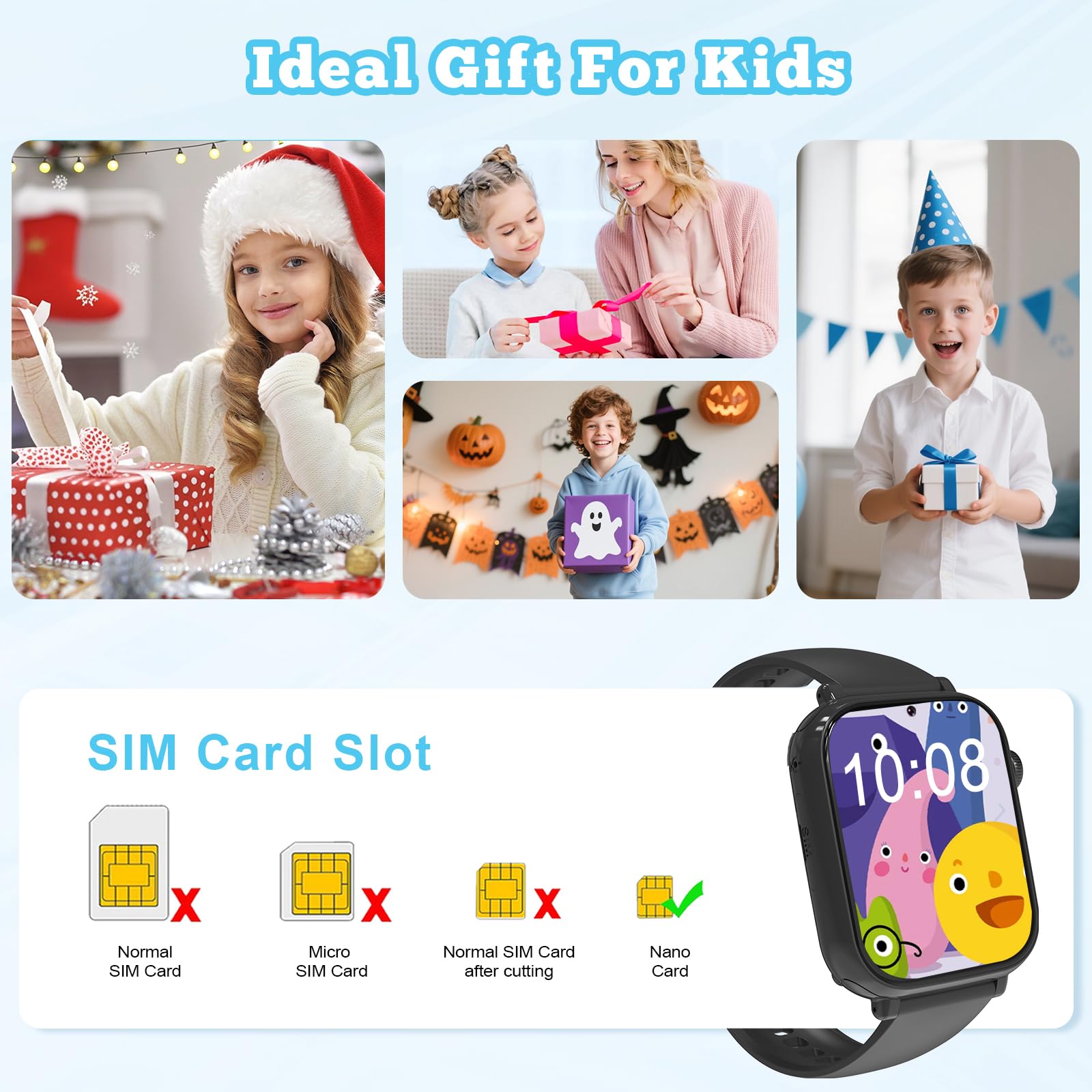 Smartwatch Bambini GPS 4G, Orologio Intelligente per Ragazza e Ragazzo con Telefono, Videochiamata, Chat, Sveglia, Camera, Modalità Classe, Gioco, Smart Watch Bambino Bambina 4-12 Anni Regalo, Nero