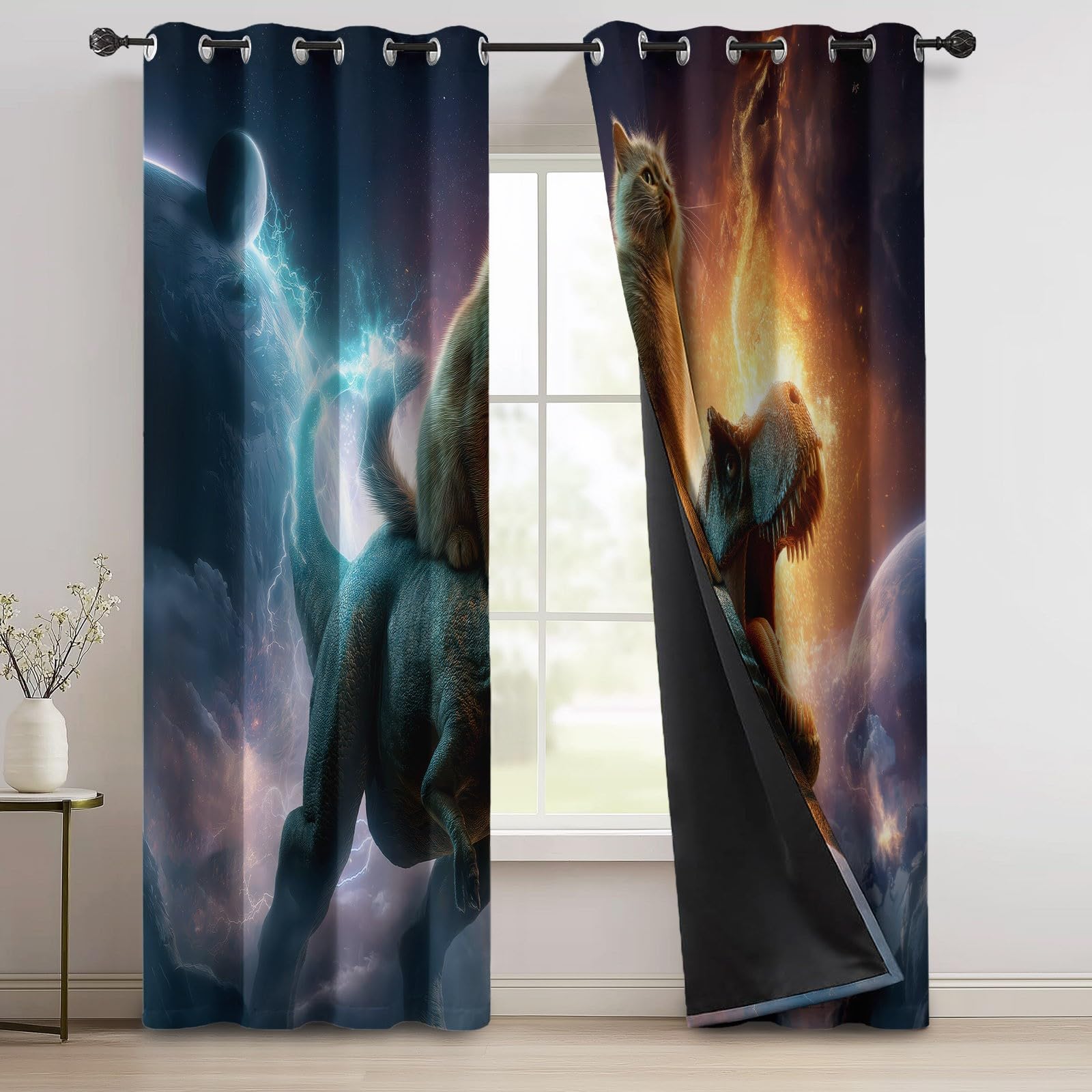 Générique Rideau Occultant Polyester Science-Fiction Rideaux Thermiques à Oeillets, Espace Chat Dinosaure Rideaux Imprimé pour Chambre Cuisine Décoration 140 X 245 cm (LxH) (L x H), Lot de 2