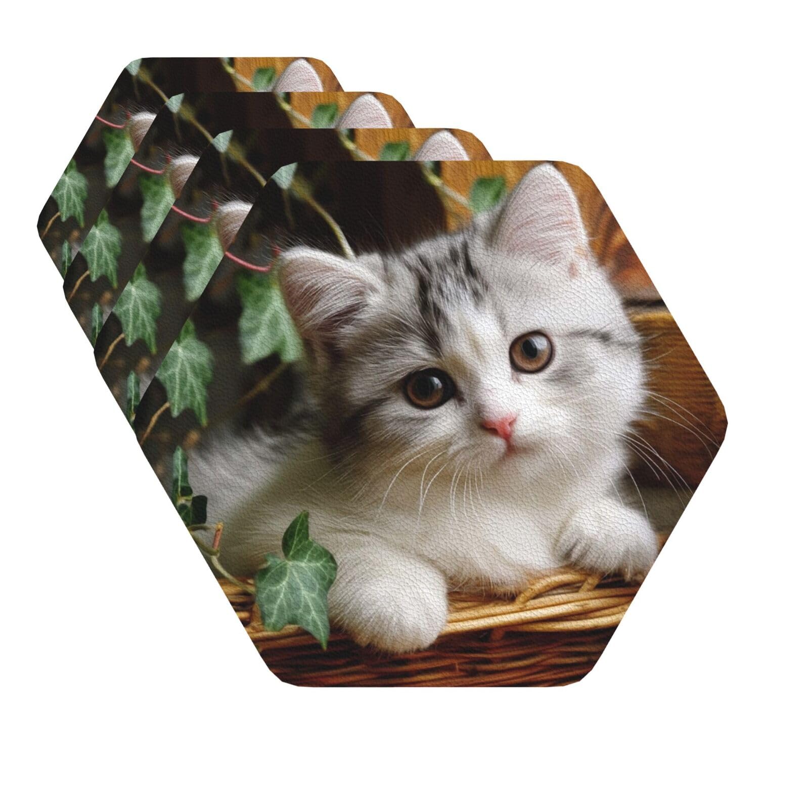 Drink Coasters Set of 4 Quick-Dry Leather Coaster Cat Coasters for Drinks Coffee Cup Mat Tabletop Protection Heat Resistant Coaster for Kitchen Bar Office Home Decor